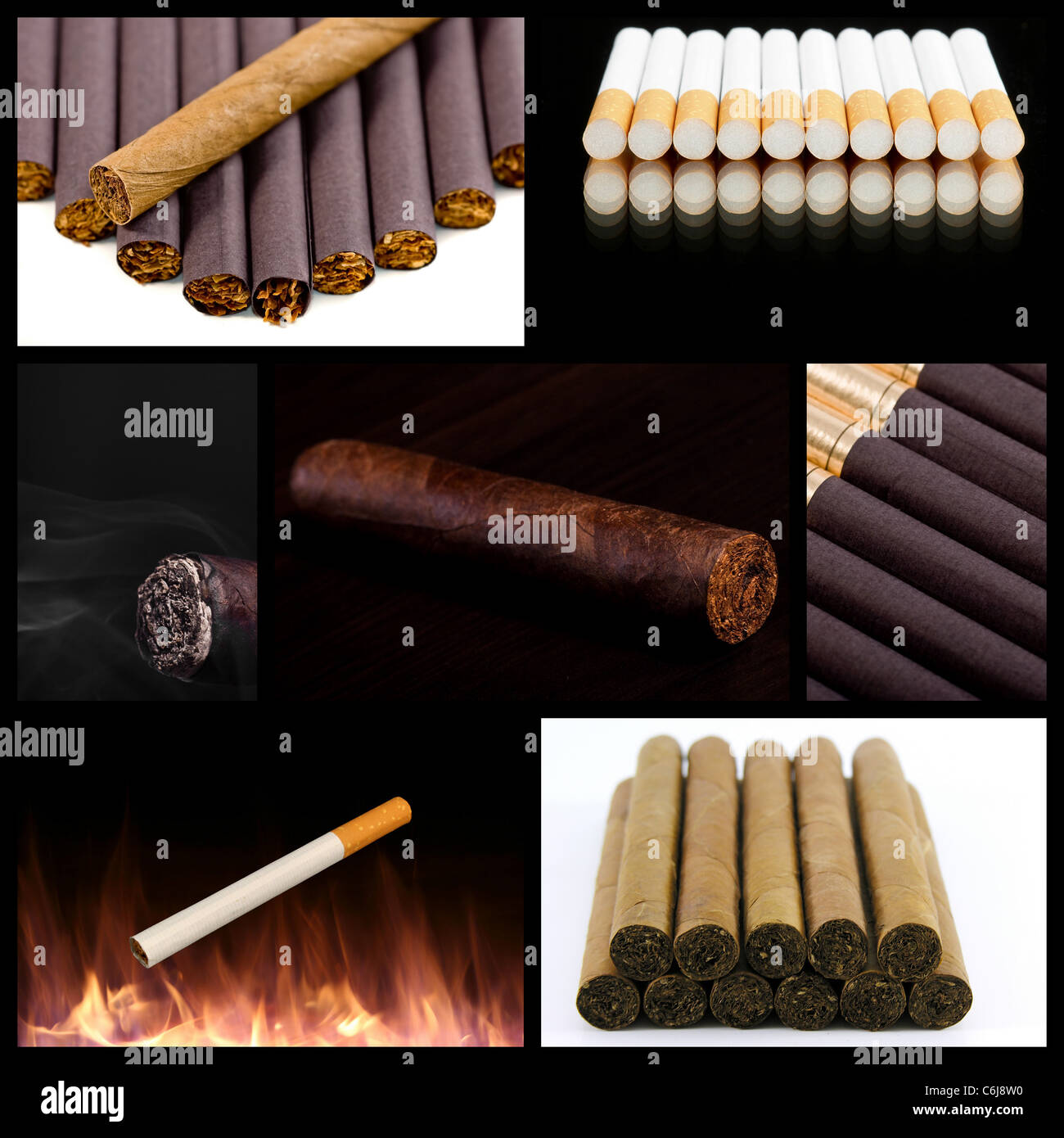 Un sigaro cubano e cigarets collage fatto da otto fotografie. Foto Stock