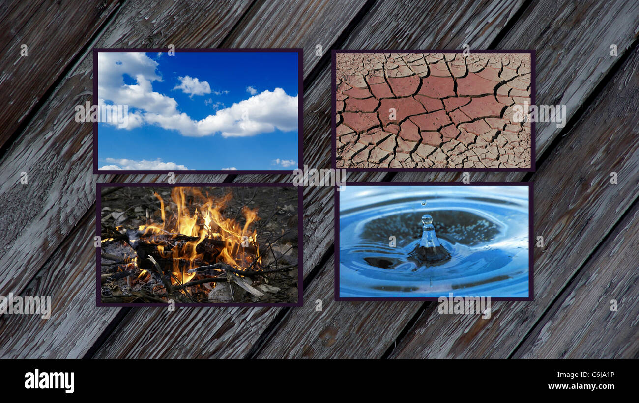 I quattro elementi - Aria, Fuoco, Acqua, Terra Foto Stock