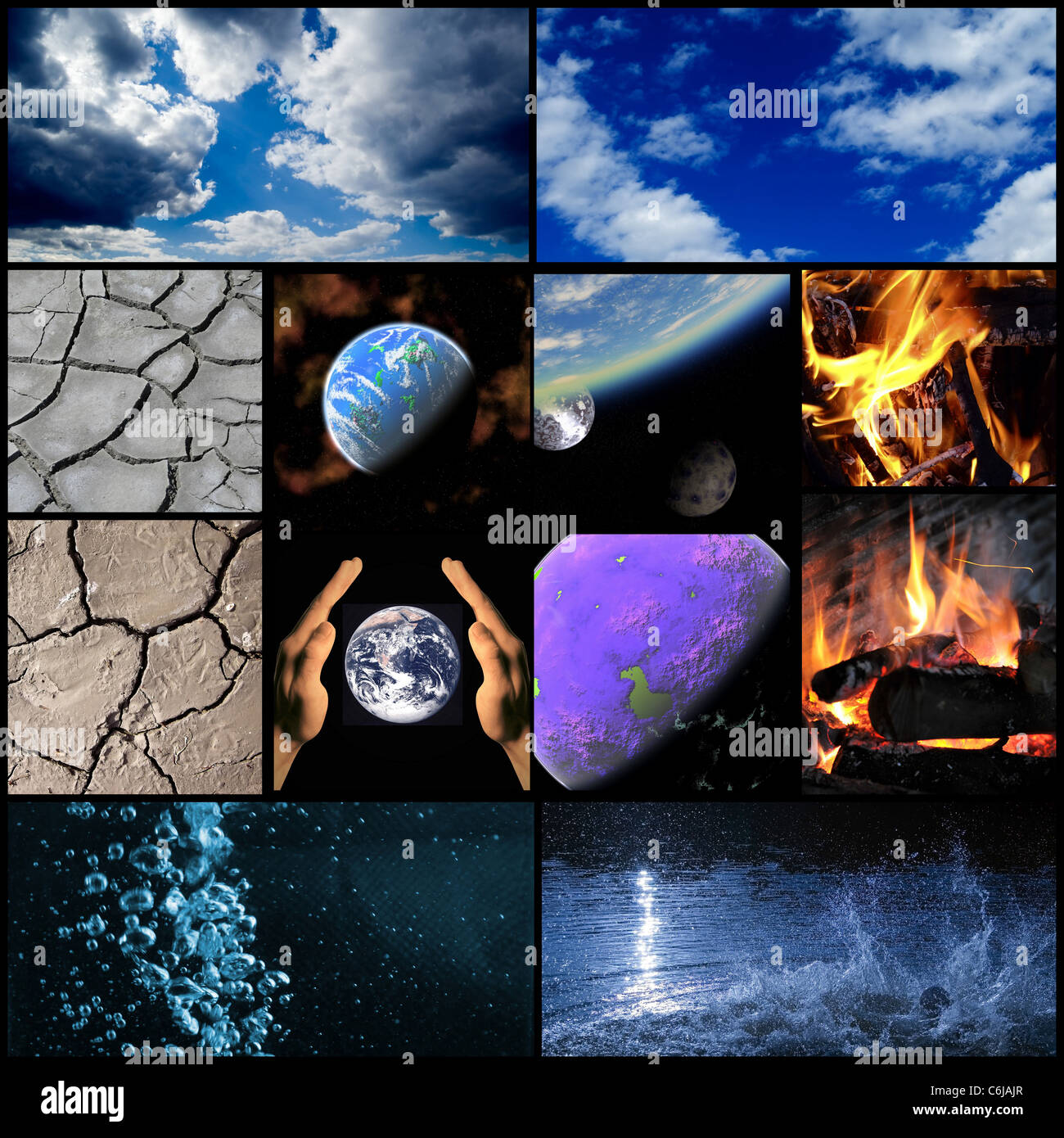 I quattro elementi - Aria, Fuoco, Acqua, Terra Foto Stock