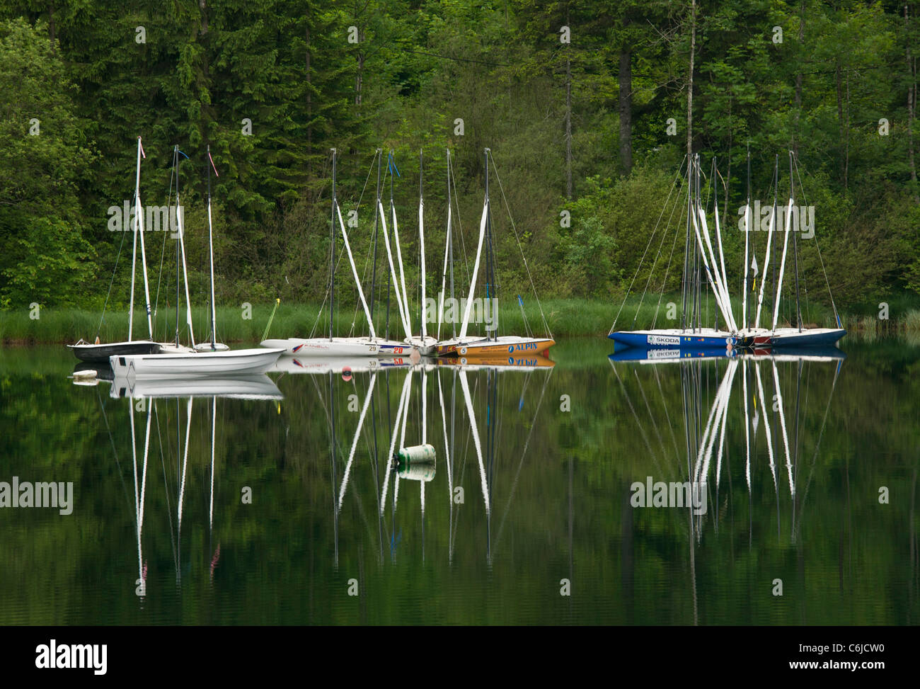 Barche con riflessioni sul lago di Bohinj, Slovenia. Foto Stock