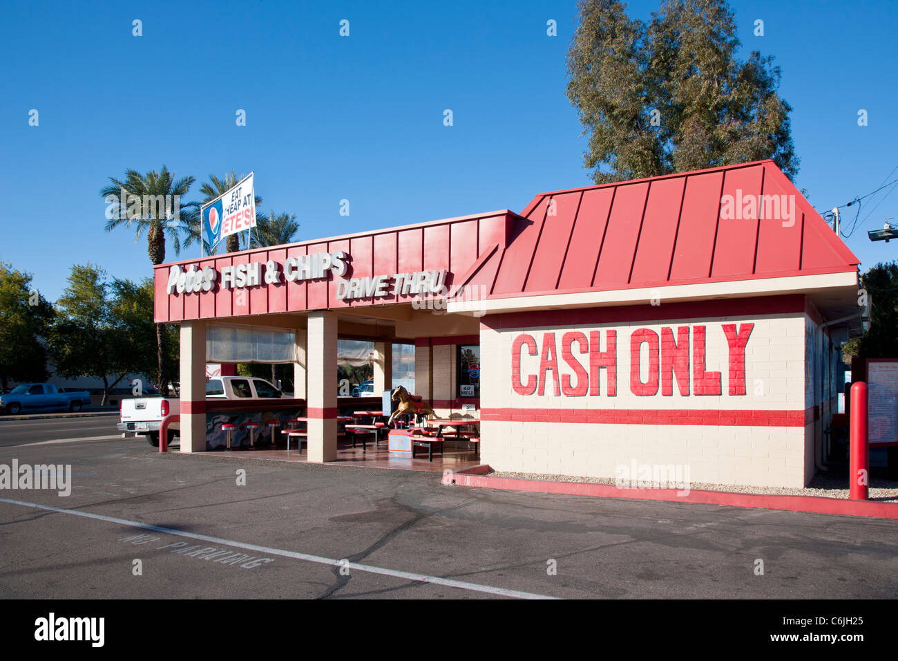 Pesce e chip shop con pagamento in contanti solo segno a Phoenix, Arizona, Stati Uniti d'America Foto Stock
