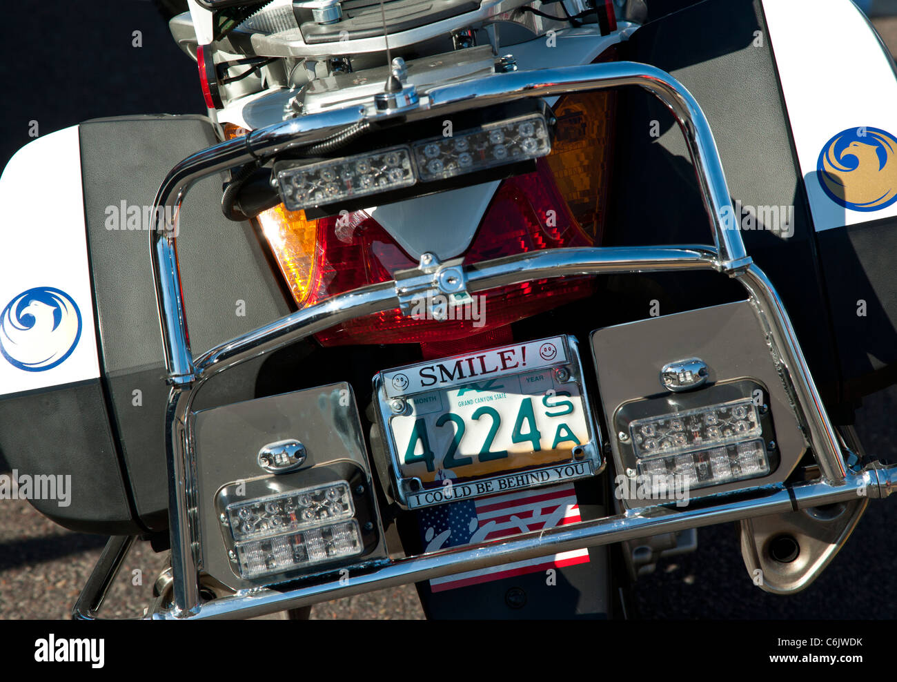 La polizia moto con sorriso la targa a Phoenix, Arizona, Stati Uniti d'America Foto Stock