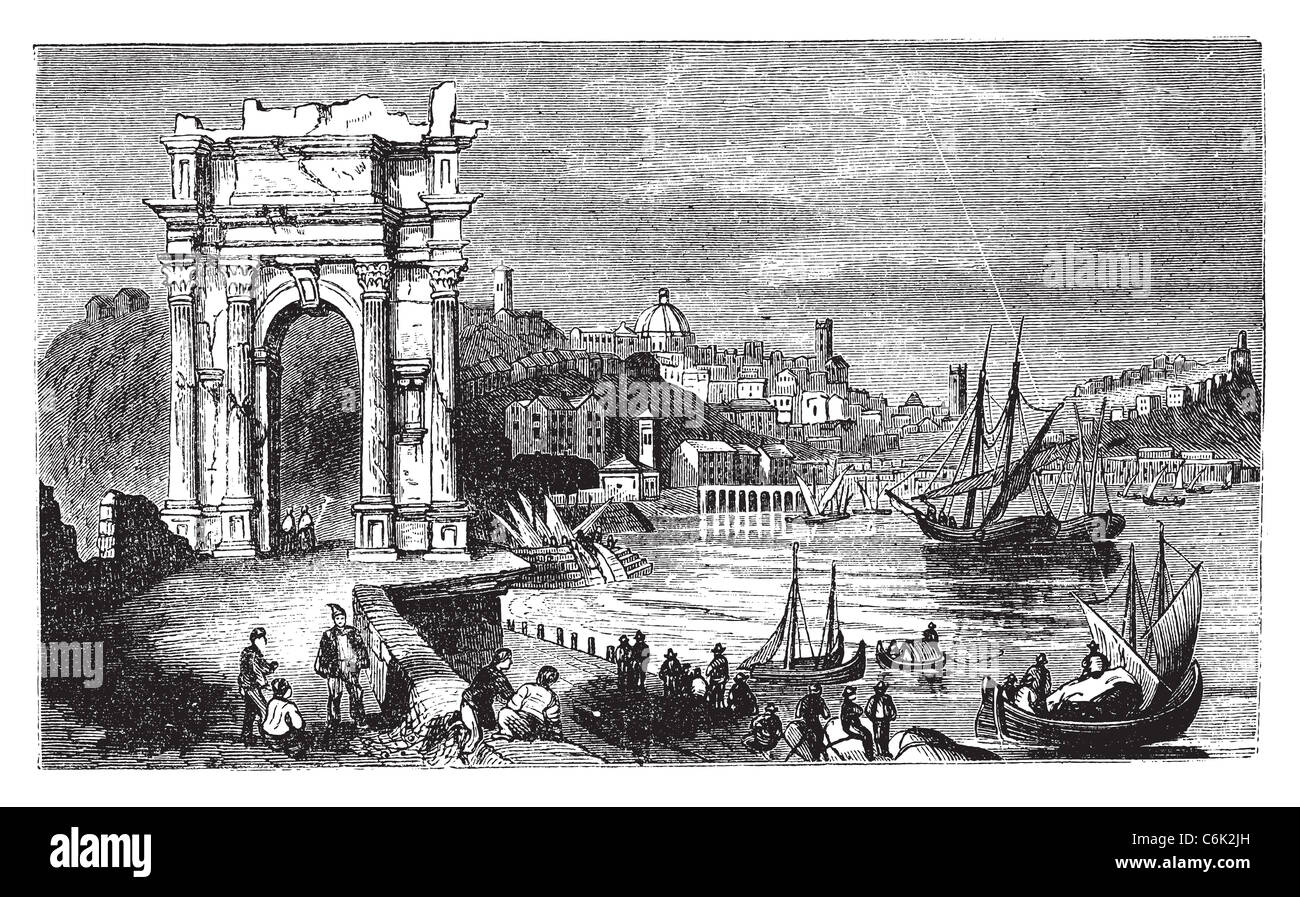 Ancona e l'Arco di Traiano, Italia. Scena dal 1890, vecchia illustrazione vintage. Traiano archi. Foto Stock