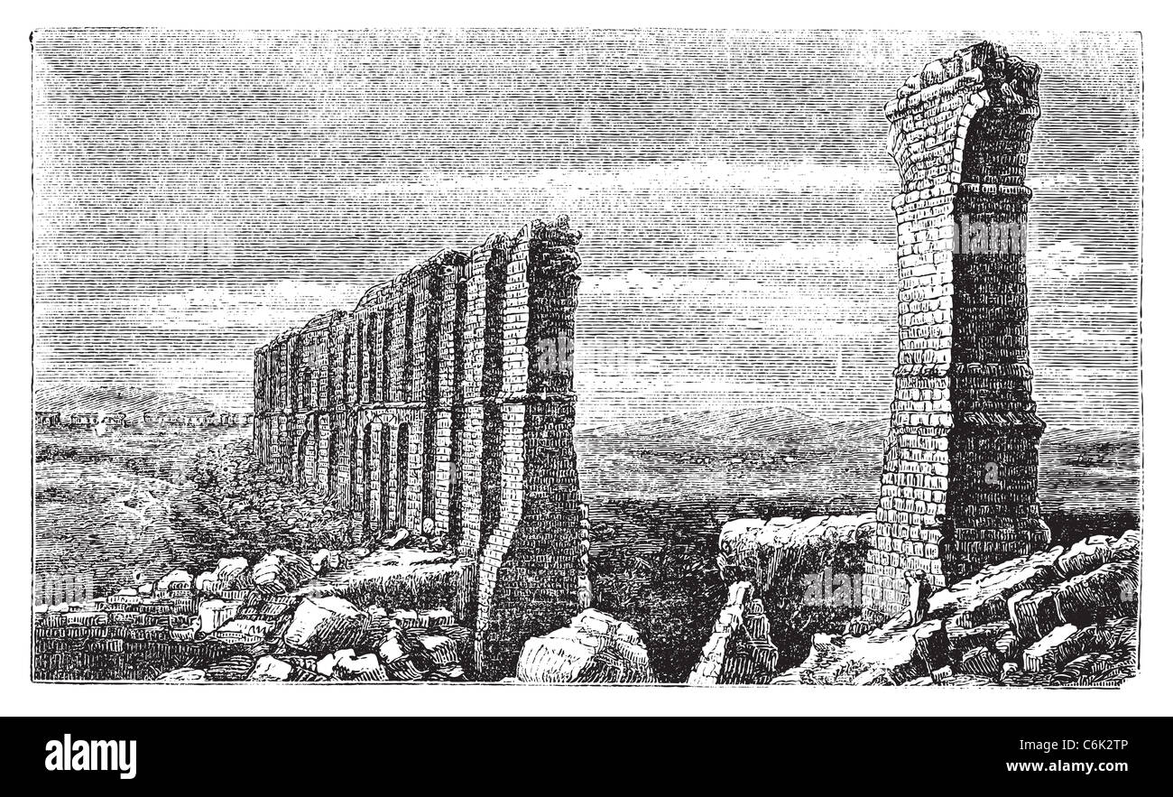 Zaghouan a Cartagine acquedotto romano rovine antiche incisione. Rovine del più lungo acquedotto romano costruito da Zaghouan a Cartagine. Foto Stock
