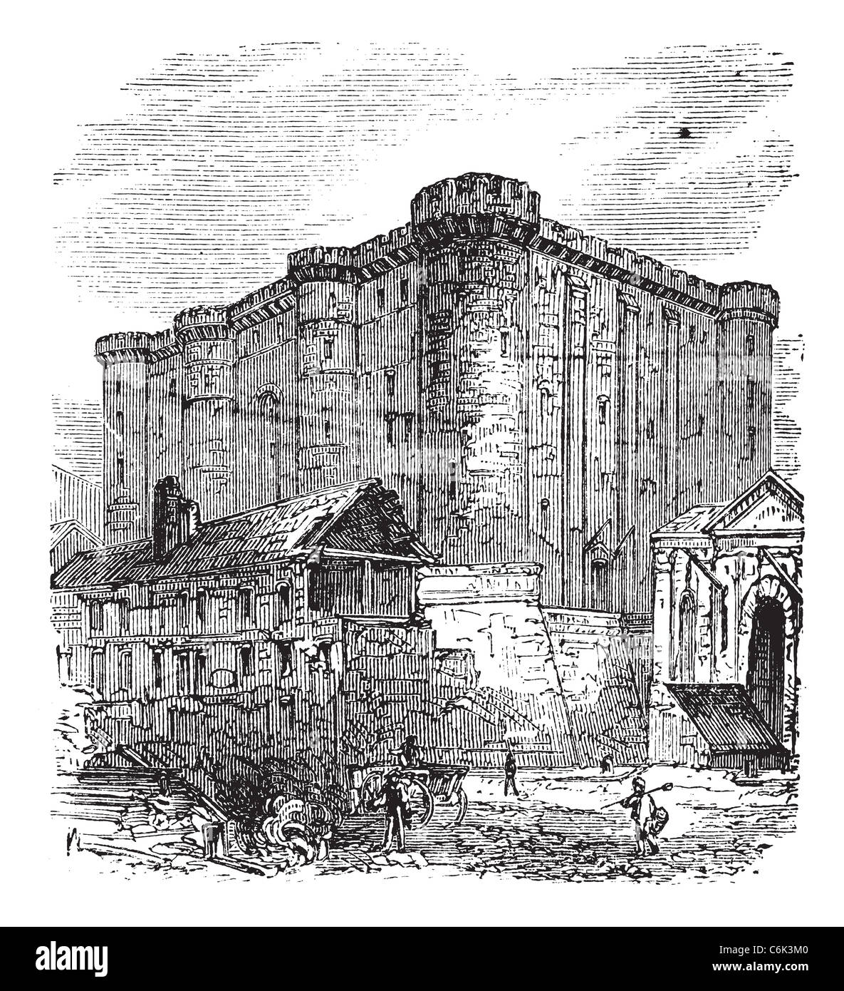 Bastille Saint-Antoine in Parigi, Francia. Incisione vintage. Vecchie illustrazioni incise della fortezza francese-prigione nel 1890. Foto Stock