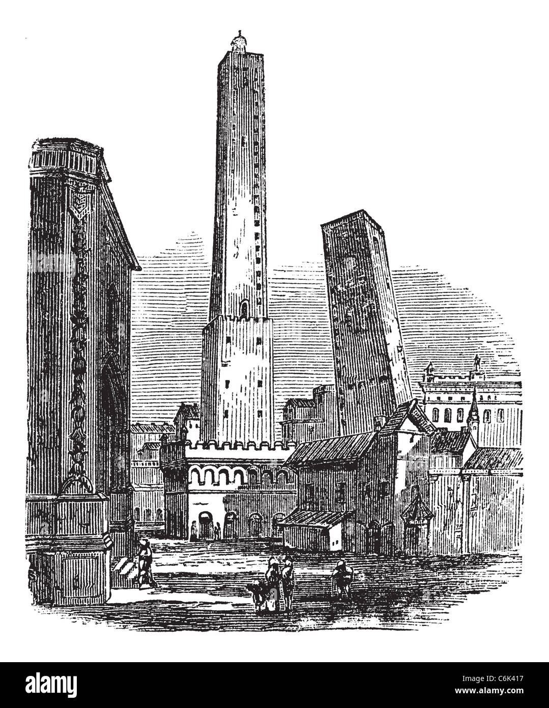 I due medievale, Bologna, Italia, vintage incisione. Vecchie illustrazioni incise delle Torri di Bologna, Italia nel 1890s. Foto Stock