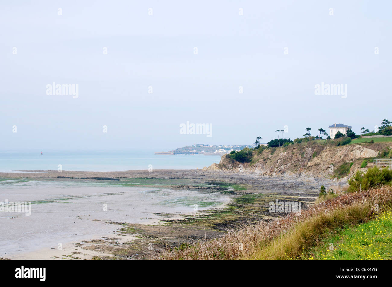 Coste rocciose durante la bassa marea tra Granville e Saint-Pair-sur-Mer in Normandia. Foto Stock