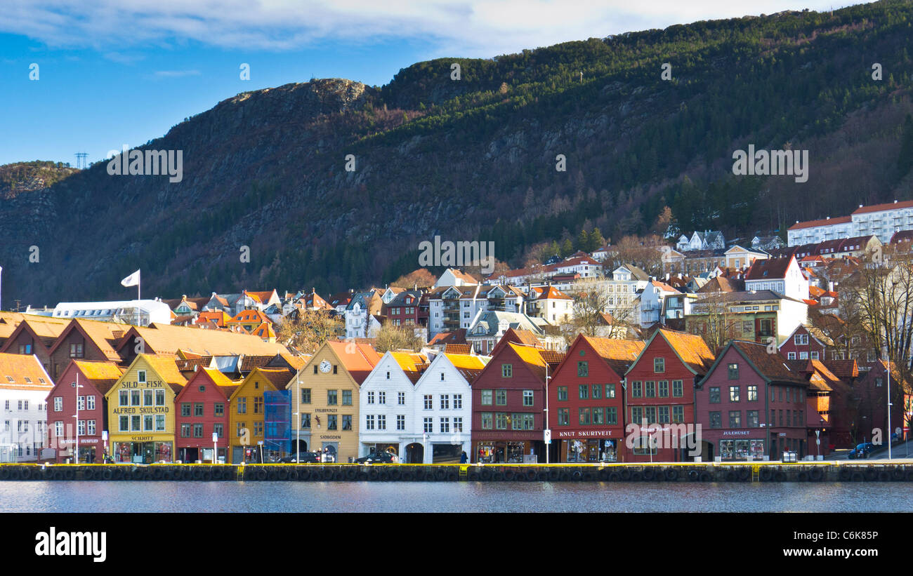Lo storico Bryggen, Hanseatic Wharf, Bergen in Norvegia Foto Stock