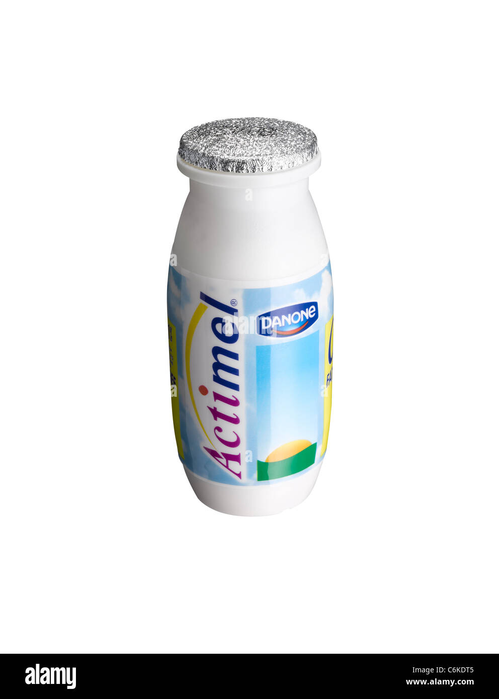 Un taglio al di fuori di un bottiglia di Actimel probiotici bevanda della salute Foto Stock