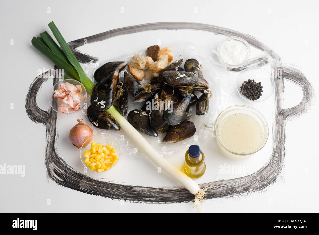 Granturco dolce, pancetta e zuppa di cozze Foto Stock