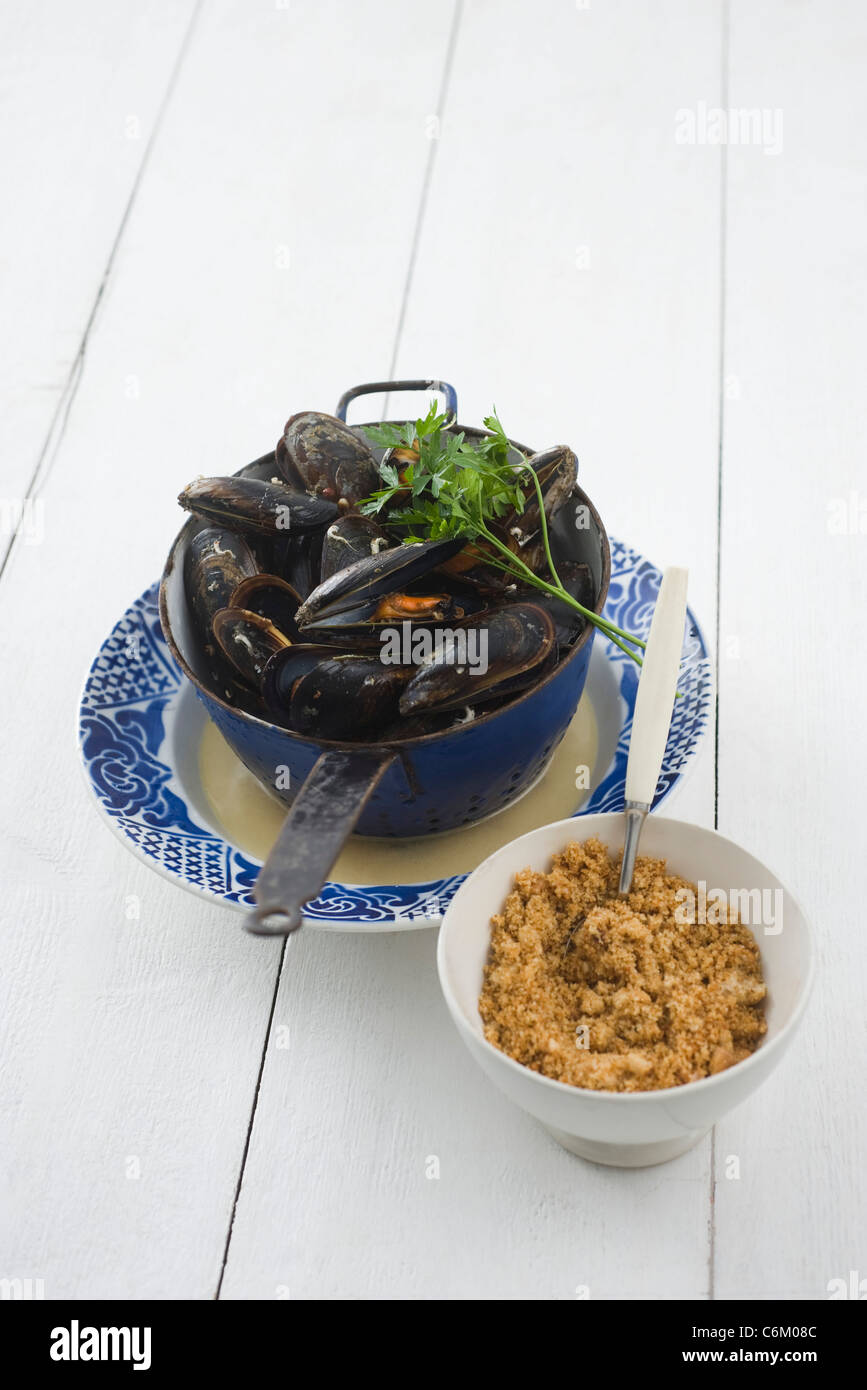 Le cozze con vino bianco, aglio e pane grattugiato Foto Stock