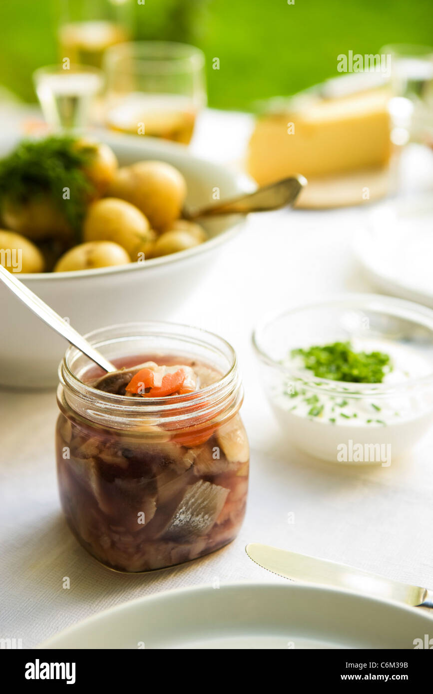 Aringhe in salamoia, panna acida, patate novelle Foto Stock