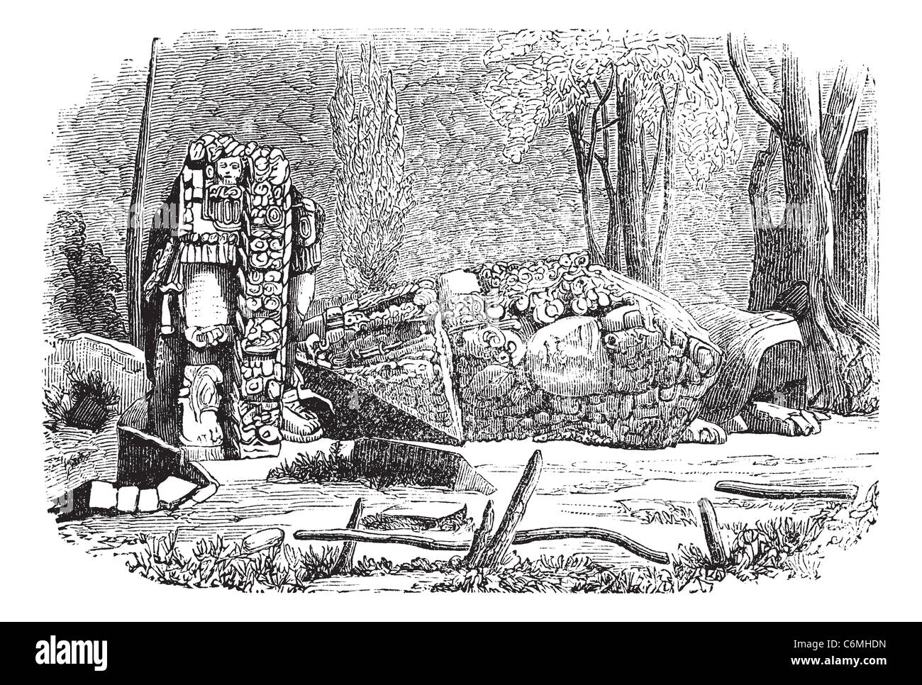 Copan in Honduras, durante il 1890s,incisione vintage. Vecchie illustrazioni incise di Copan mostra stele scultura. Foto Stock