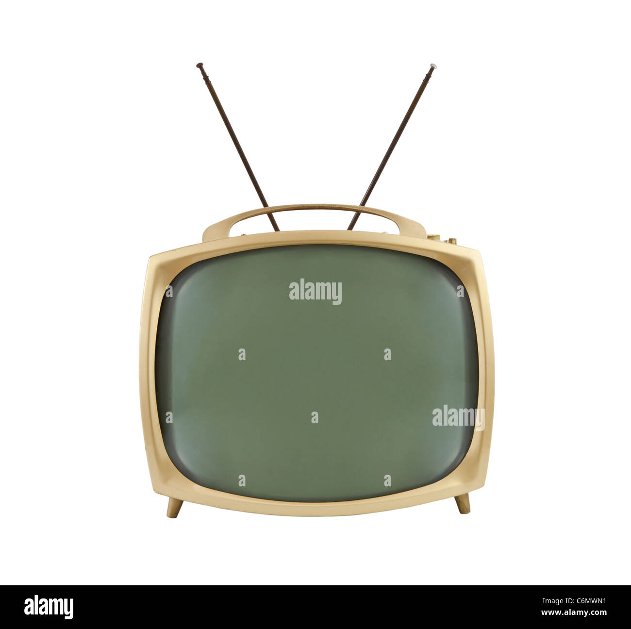 Anni Cinquanta la televisione portatile con le antenne verso l'alto. Isolato su bianco. Foto Stock