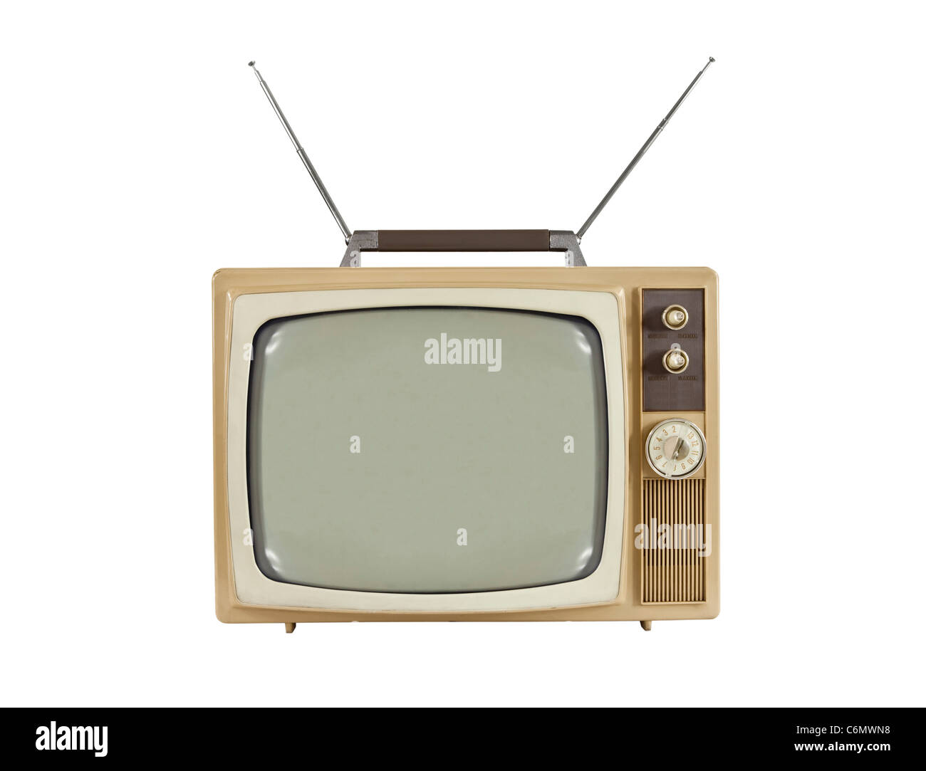 Anni sessanta televisione portatile con le antenne verso l'alto. Isolato su bianco. Foto Stock