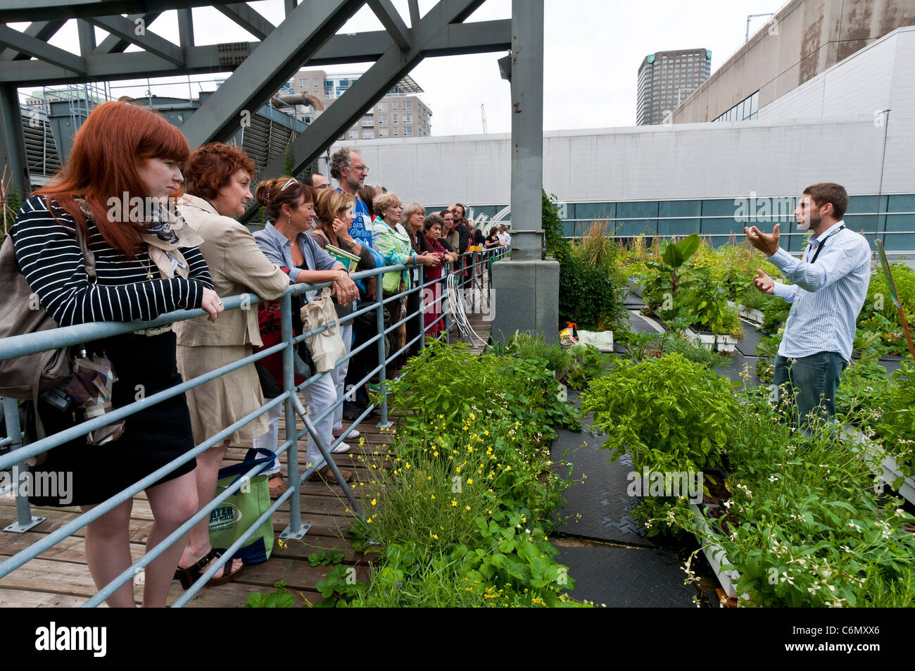 Guidato tour educativo per spiegare i vantaggi dei tetti verdi sul tetto verde del Palais des Congres di Montreal, Canada Foto Stock
