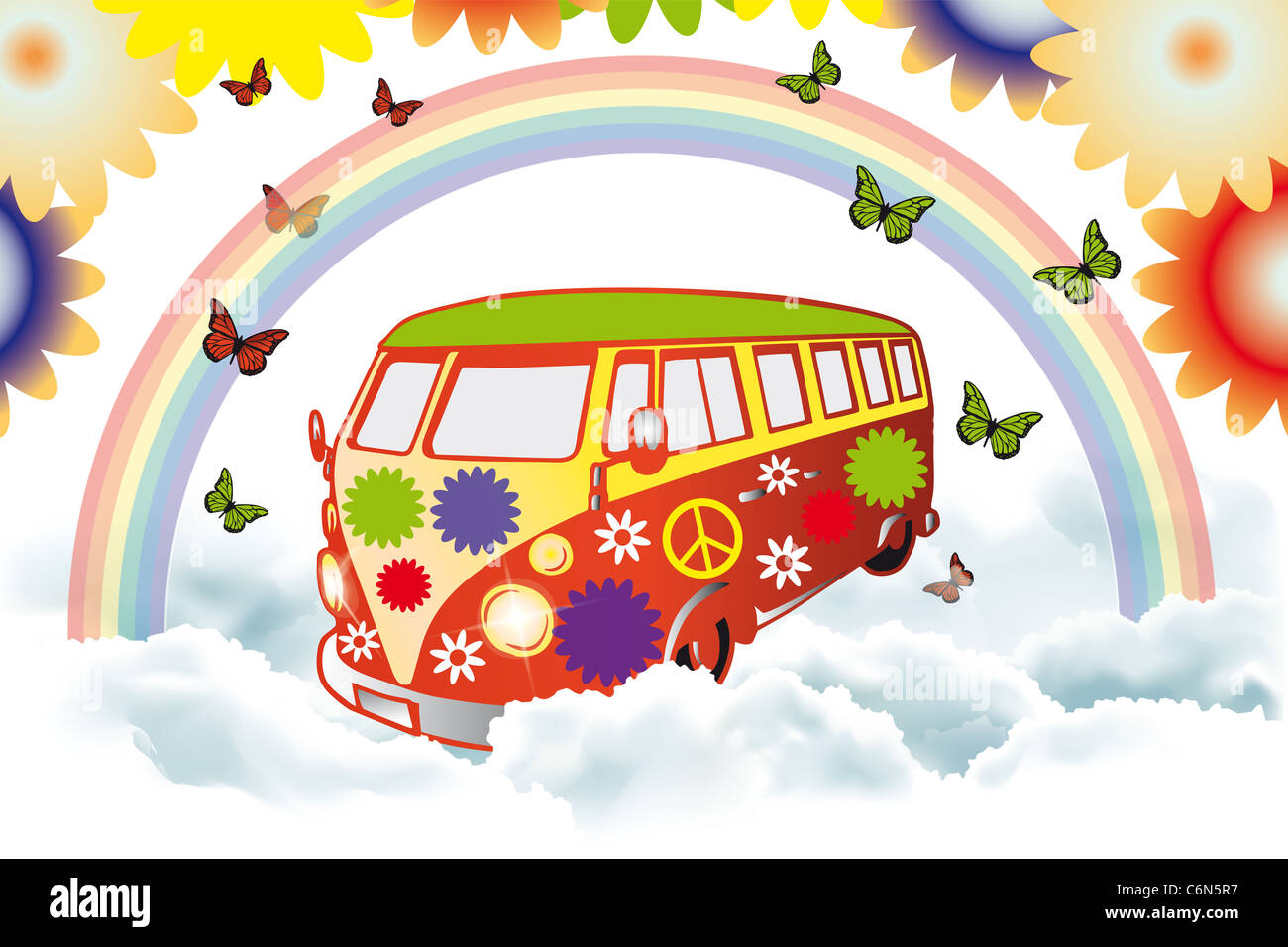 Flower Power Van retrò sotto l'arcobaleno in nuvole + farfalle + fiori a margherita Foto Stock