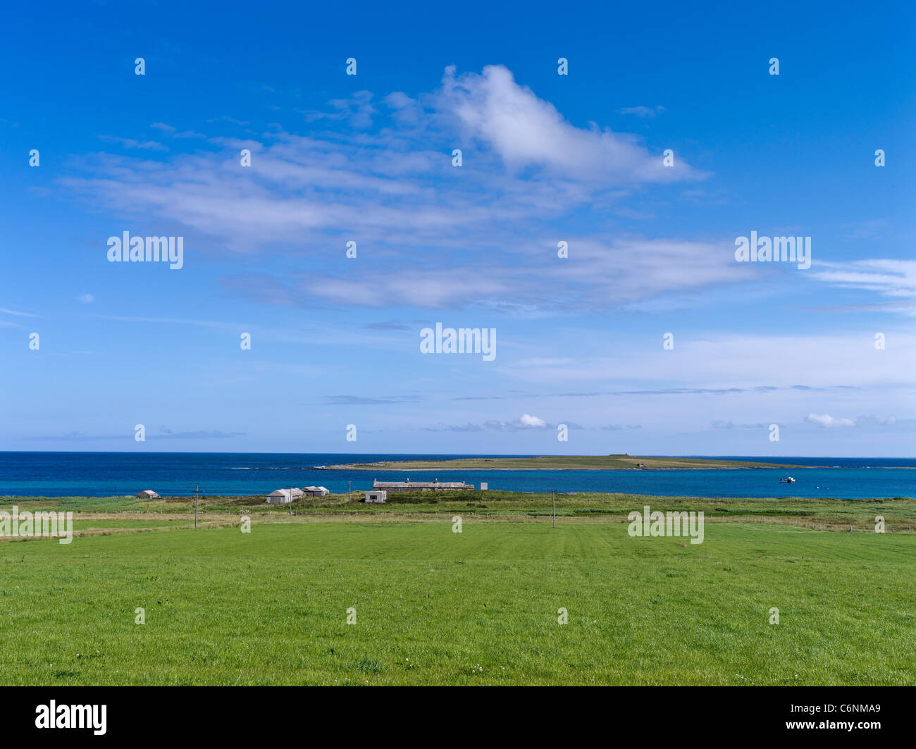 dh Holm of Papa Scotland Field PAPA WESTRAY ORKNEY Country verdi campi d'erba campagna isolate isole cottage rurale paesaggio agricolo Foto Stock