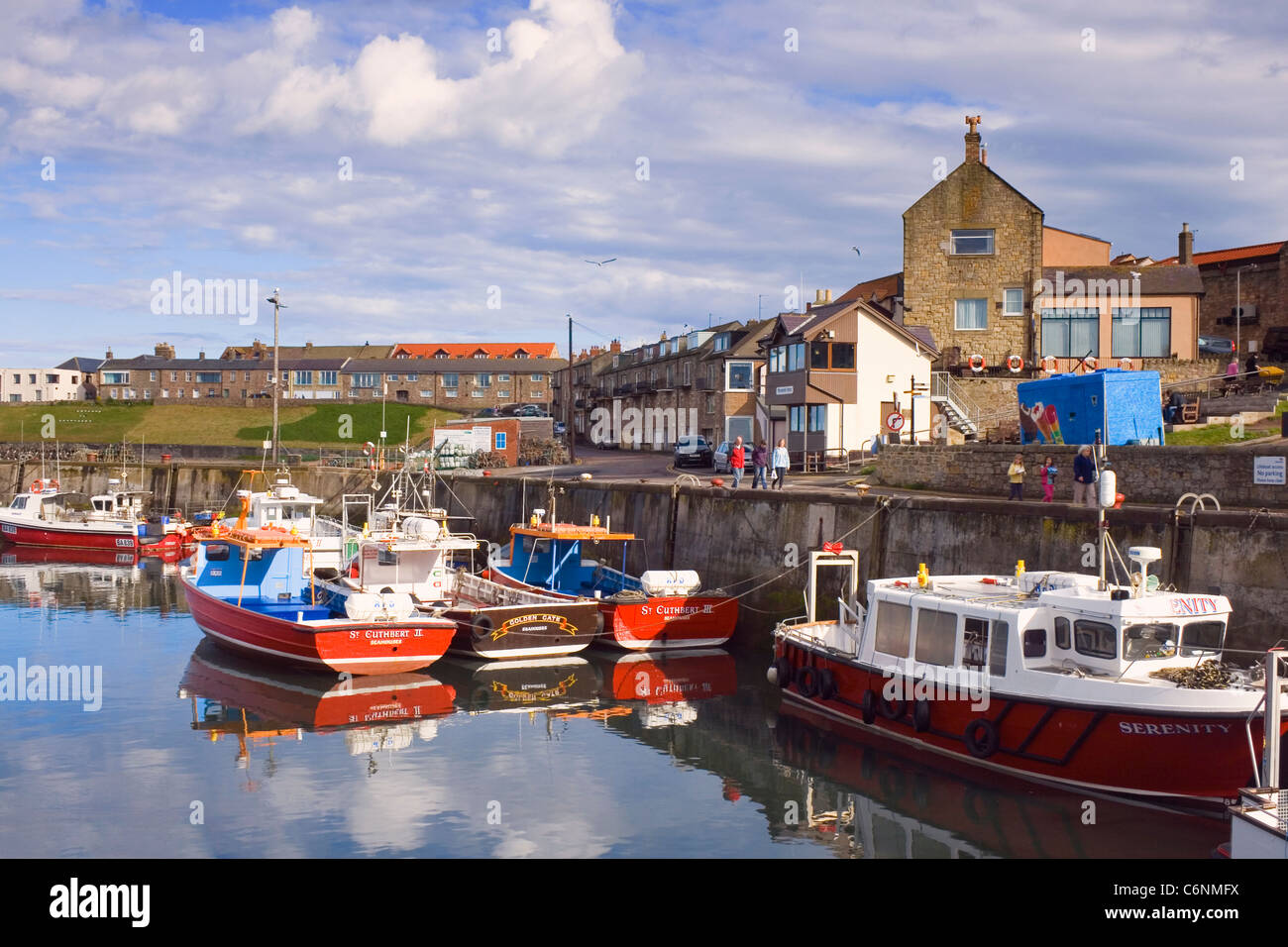 Seahouses, Northumberland, Inghilterra. La pesca e le gite in barche nel porto. Foto Stock