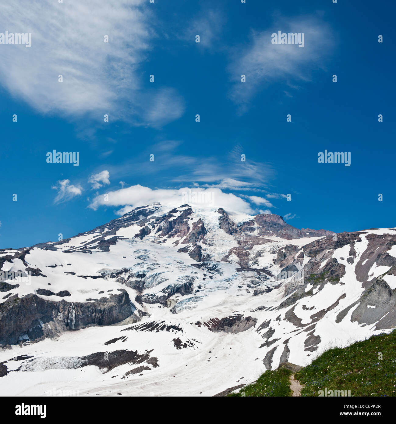 Mount Rainier dal vicino a Paradise in estate, Mt Rainier National Park, Washington, Stati Uniti d'America Foto Stock