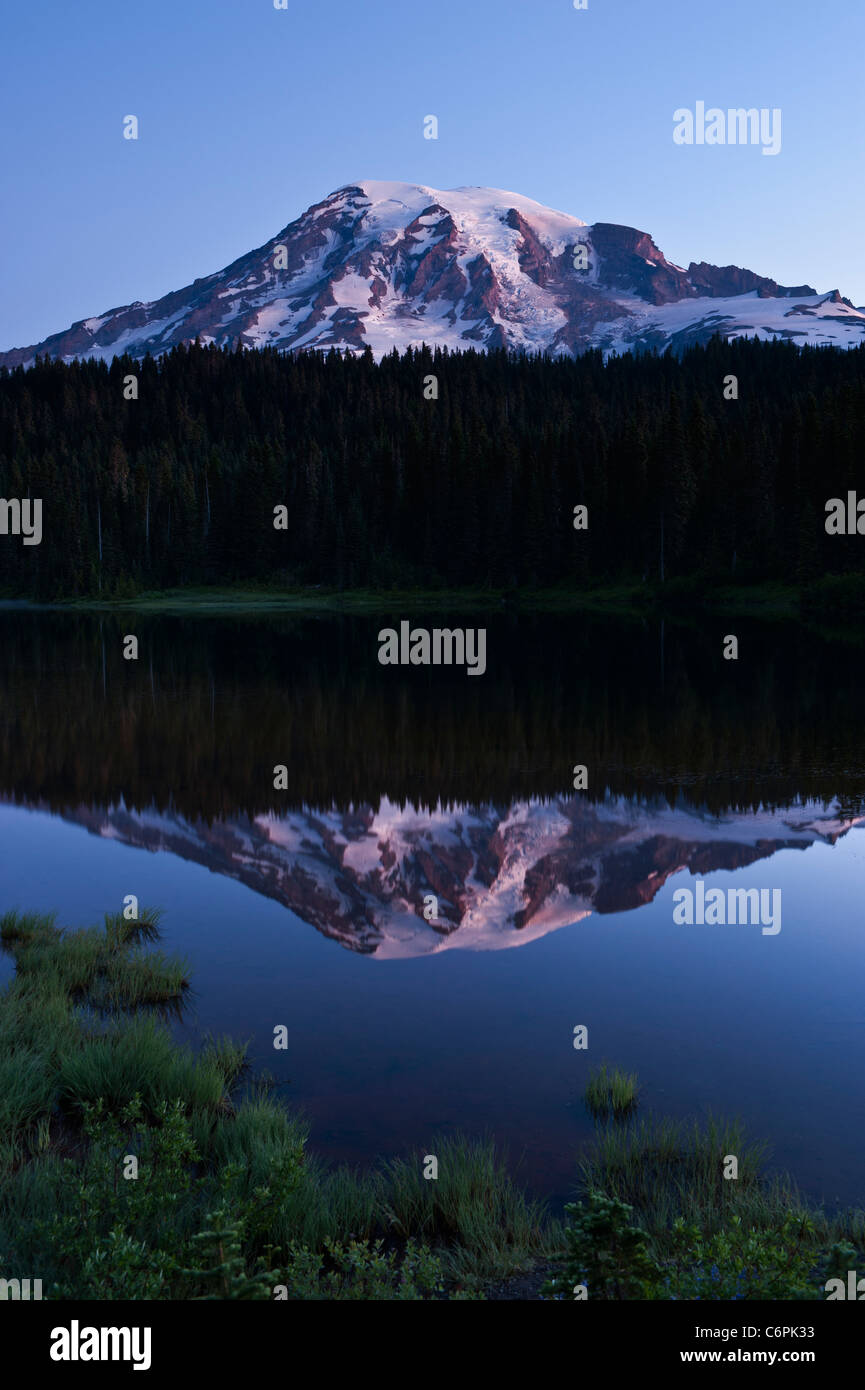 Mount Rainier all'alba dalla riflessione sul lago, Mt Rainier National Park, Washington, Stati Uniti d'America Foto Stock