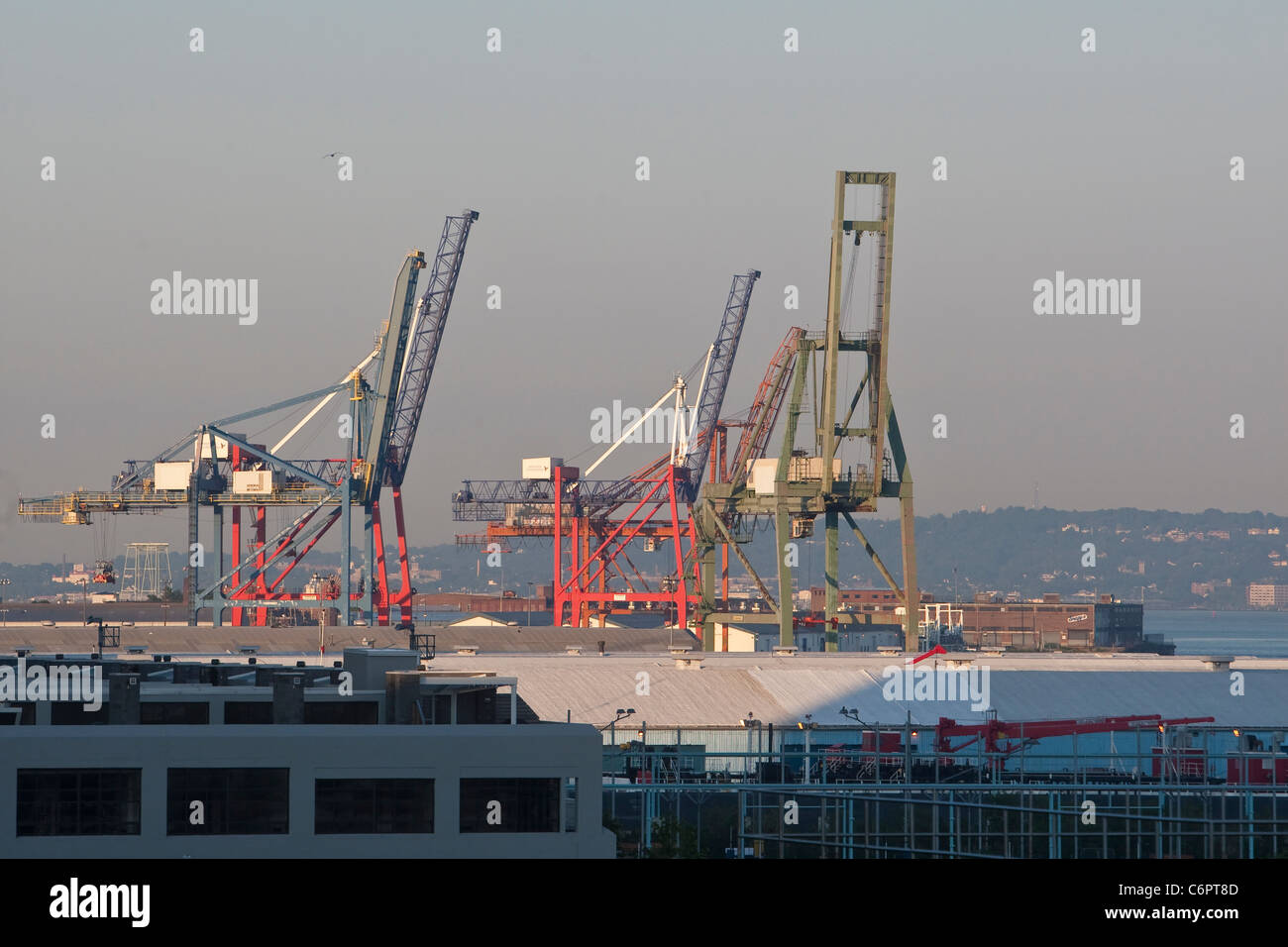 Le gru sono visti in un porto nella città di New York borough di Brooklyn, NY, lunedì 1 agosto 2011. Foto Stock