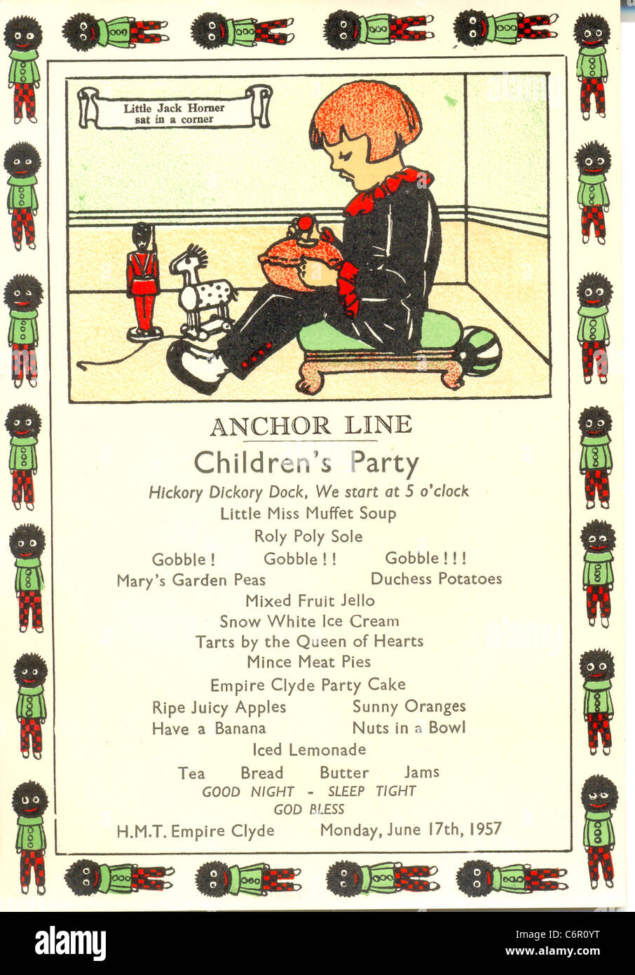 Menù per le feste dei bambini detenuti dalla linea di ancoraggio a bordo H.M.T.Empire Clyde Foto Stock