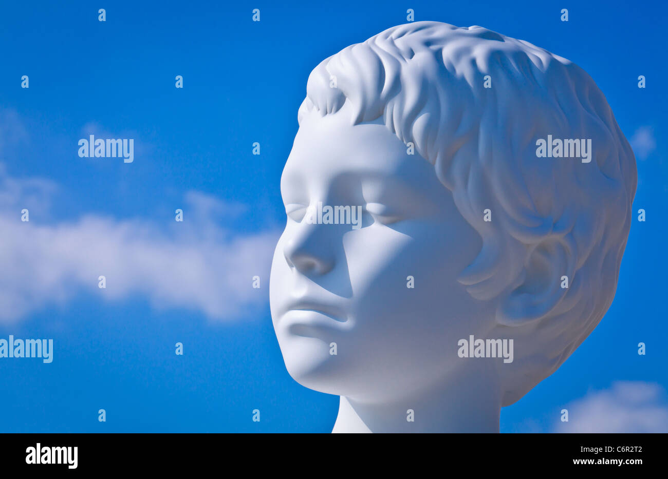 In prossimità della testa della scultura "ragazzo con una rana' fatta da Charles Ray, Venezia, Veneto, Italia Foto Stock