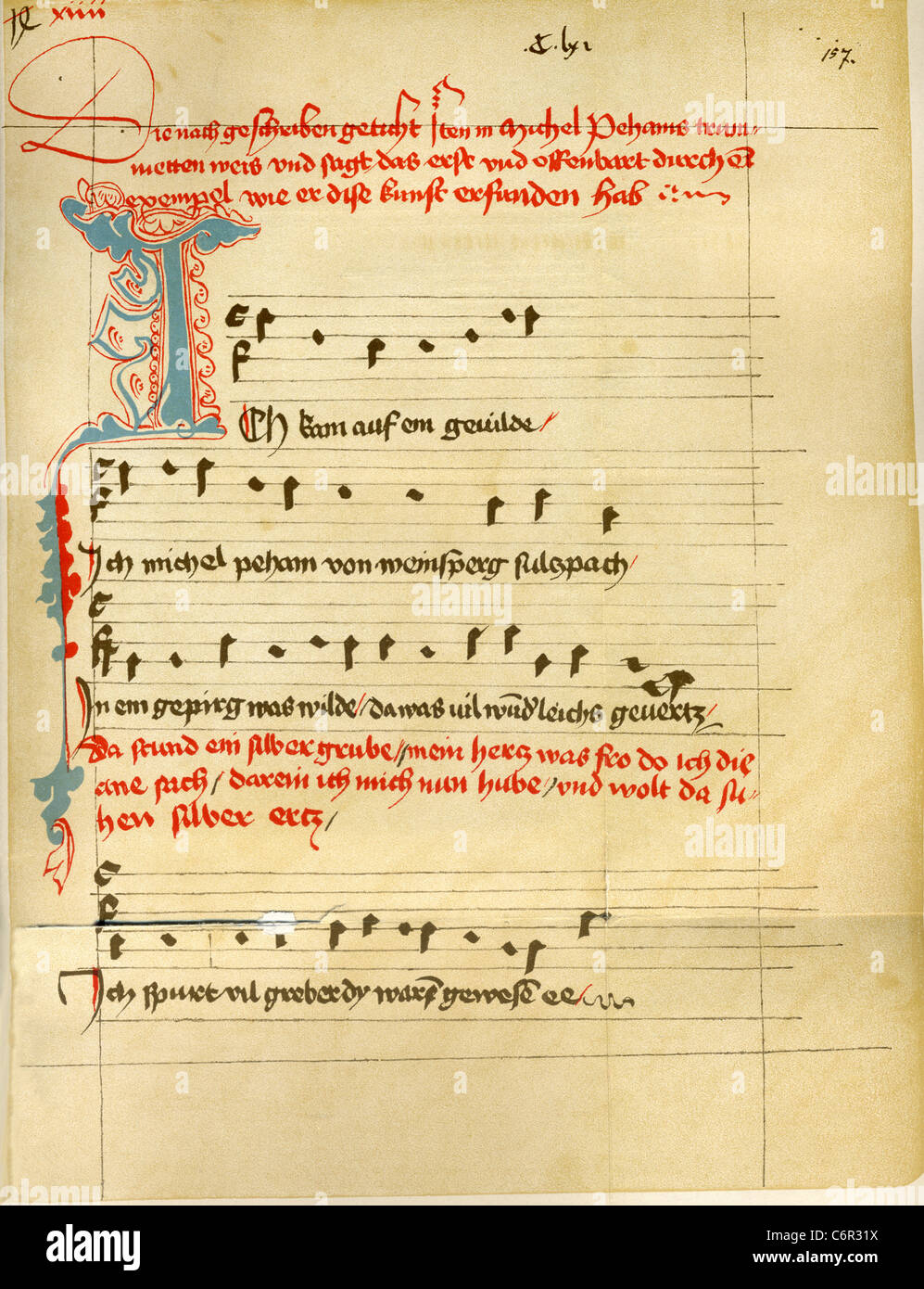 Una pagina del libro dei canti di master di Michael Behaim (anche Beheim, Beham, Behn), che era nato a c. 1420 in Germania . Foto Stock