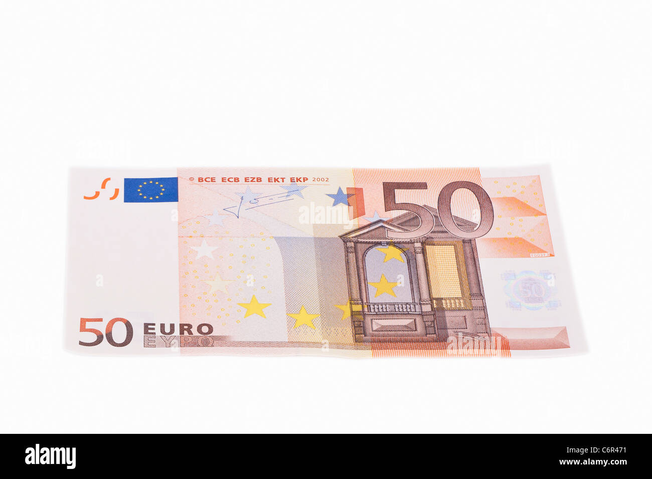 Una cinquantina di banconota in euro su sfondo bianco Foto Stock