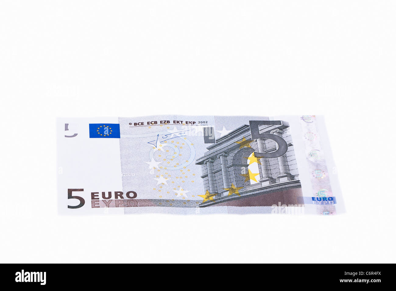 A cinque banconota in euro su sfondo bianco Foto Stock