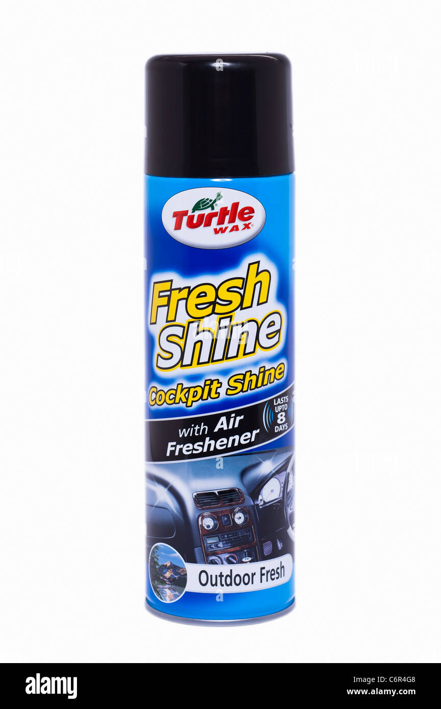 Un può di Turtle Wax cockpit fresca brillano per la pulizia di interni auto su sfondo bianco Foto Stock