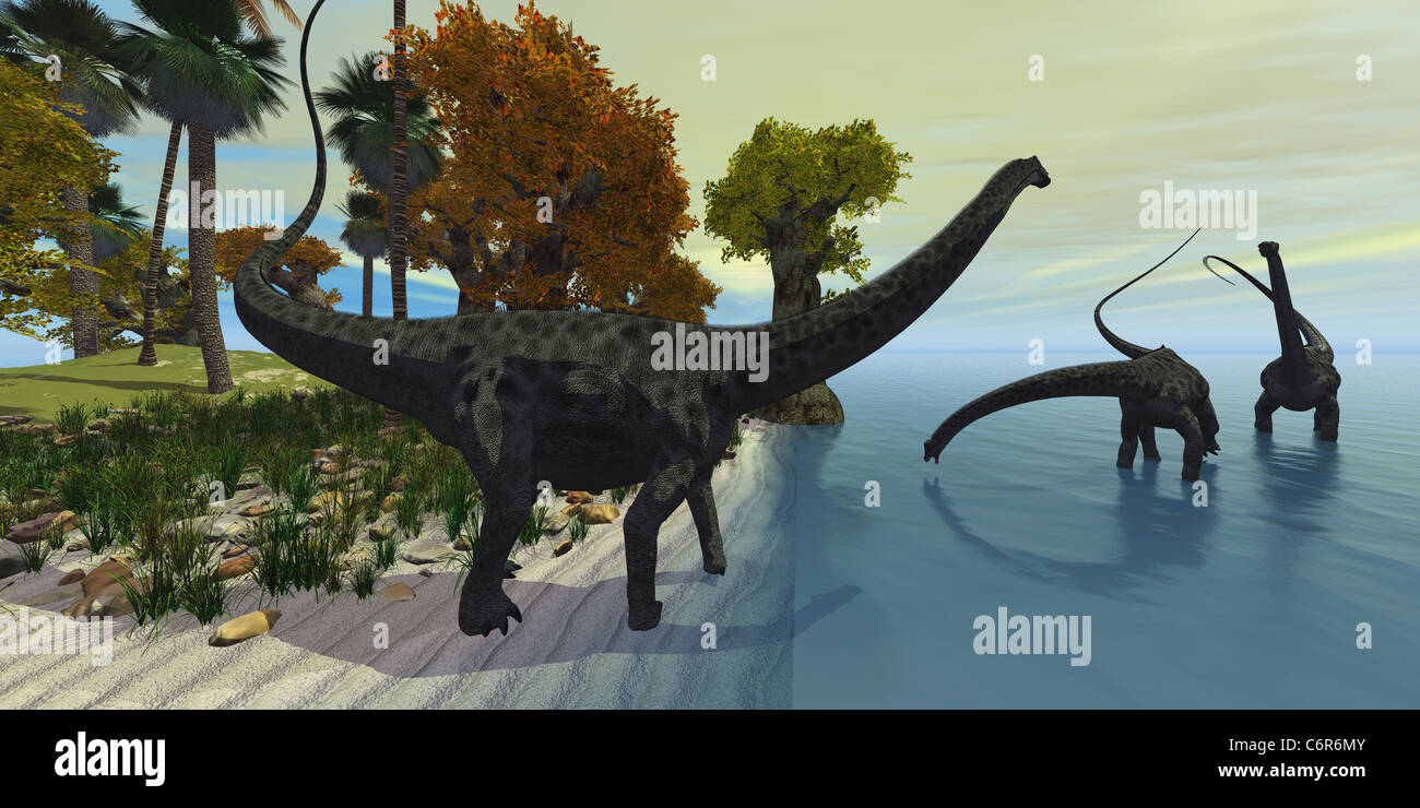 Tre enormi Diplodocus dinosauri visita un'isola in epoca preistorica. Foto Stock