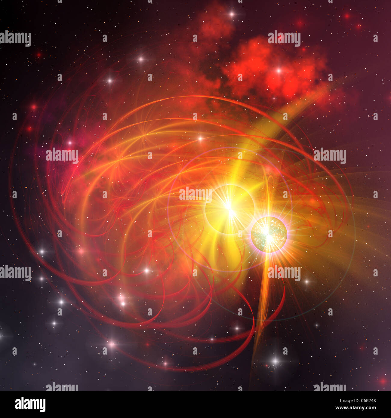 Un sistema stellare binario contiene due stelle luminose ed è una ricorrenza molto comune nell'universo. Foto Stock