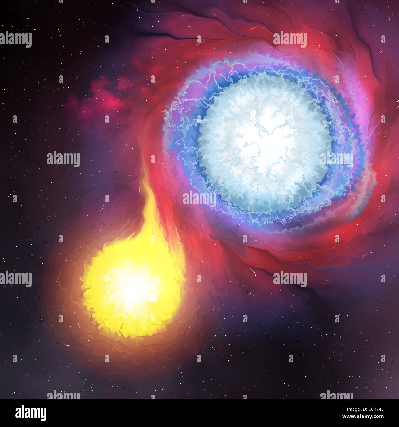Un sistema stellare binario in cui una stella di dimensioni maggiori travolge uno più piccolo. Foto Stock