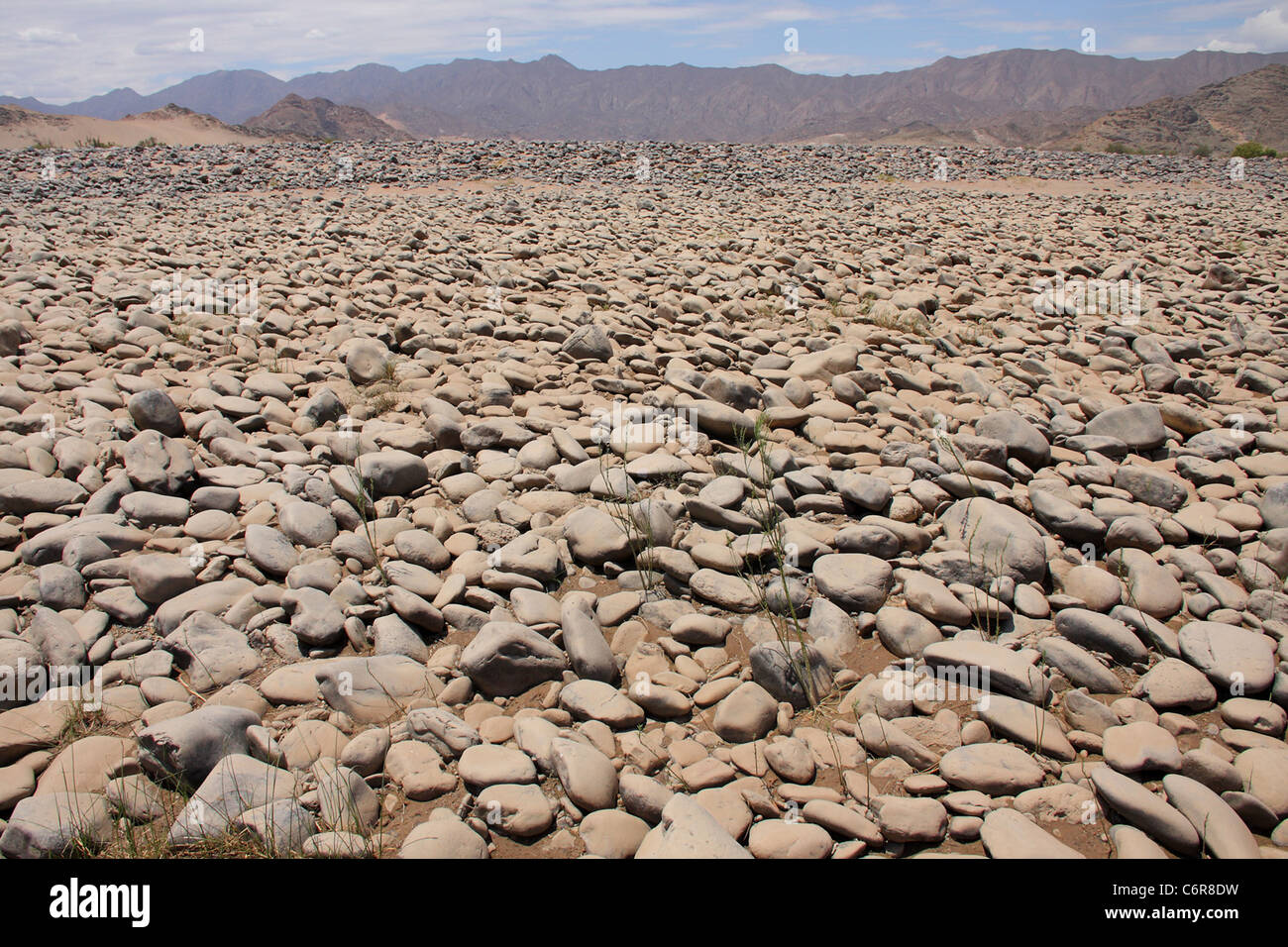 Il paesaggio del deserto con sassoso in riva al fiume Foto Stock