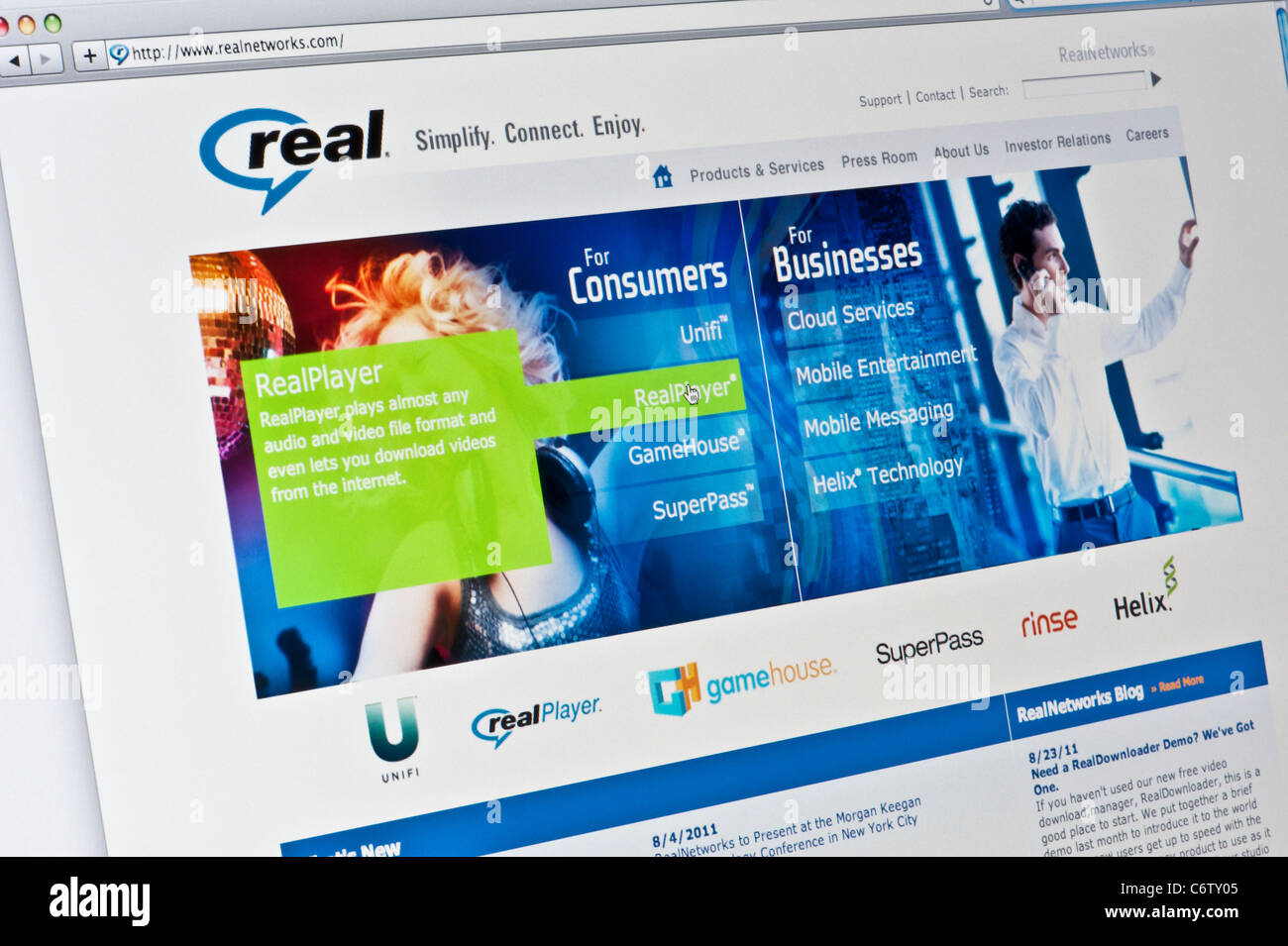 Real Networks sito web cursore sullo schermo 'close up' computer Foto Stock