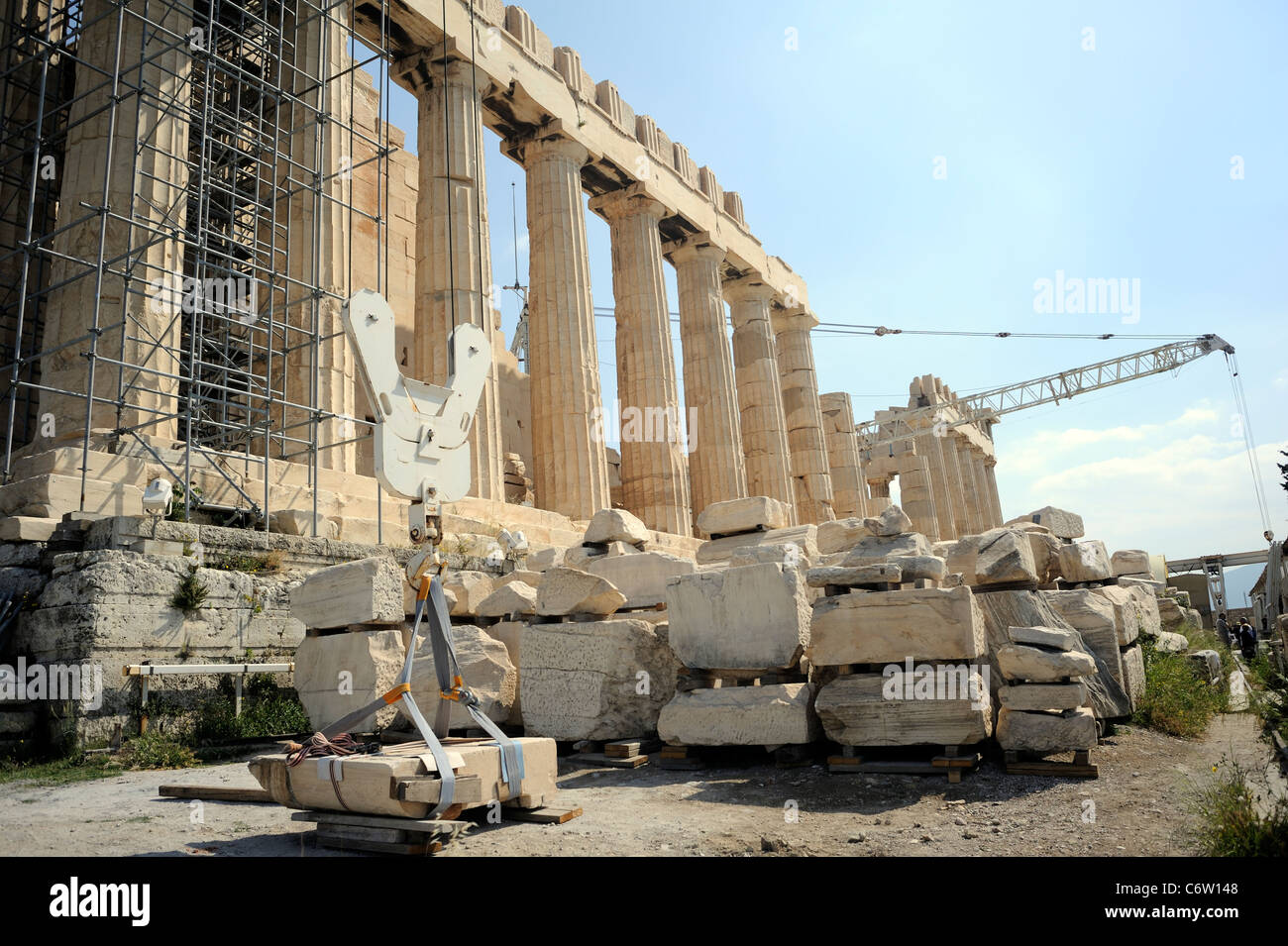 Atene, Grecia, Restauro sito in Acropolis Foto Stock