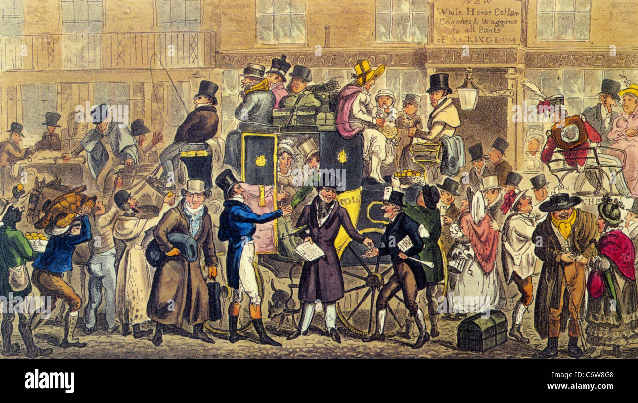 THE PICKWICK PAPERS Il Bristol coach legato al di fuori del Hatchett White Horse Cantina, Piccadilly, redatti da Cruickshank Foto Stock