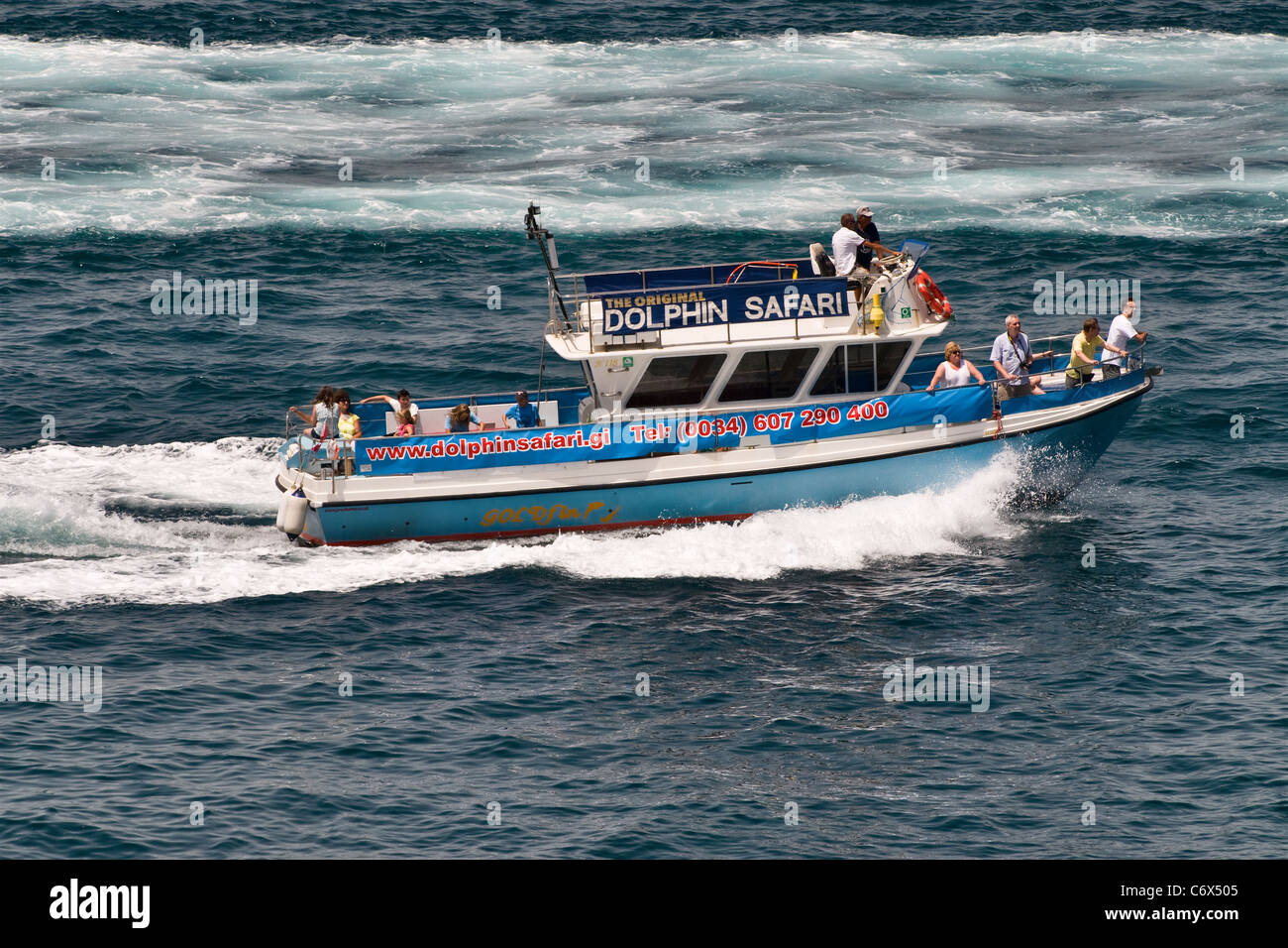 Il Dolphin Safari (avvistamento delfini) nave passeggeri. Gibilterra, Mediterraneo, Europa Foto Stock
