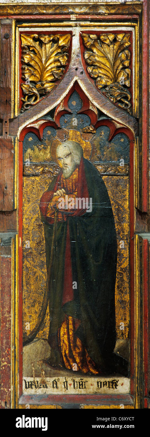 Aylsham, Norfolk, rood screen, San Giacomo il minore con la follatura club, Patrono di gualchiere English schermate chiese Chiesa Foto Stock