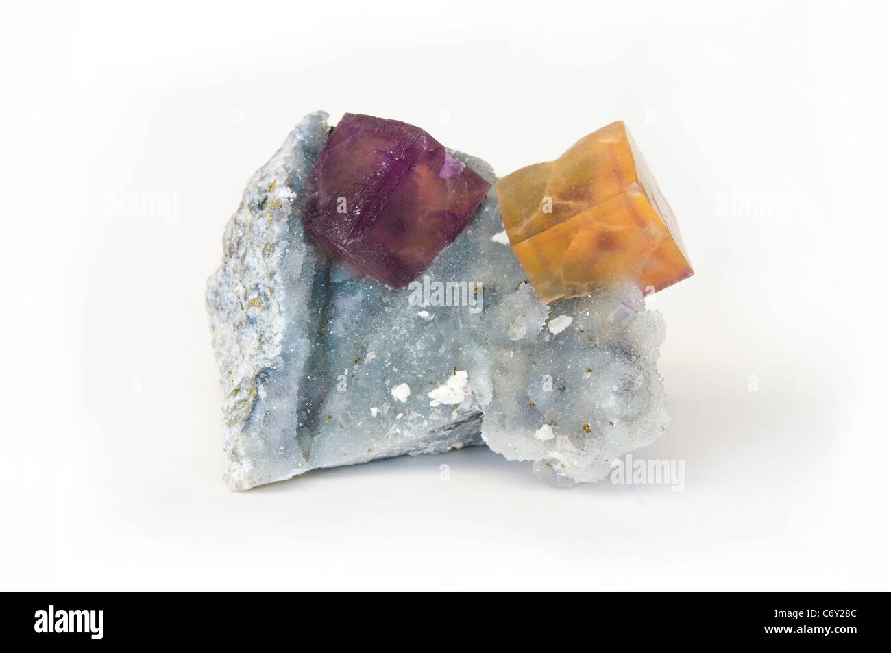 I cristalli di fluorite su quarzo drusy matrix Foto Stock