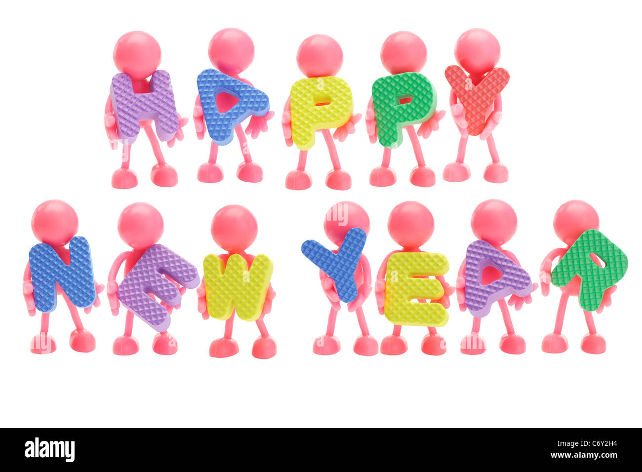 Gomma senza volto figurine e Felice Anno Nuovo lettera blocchi su sfondo bianco Foto Stock