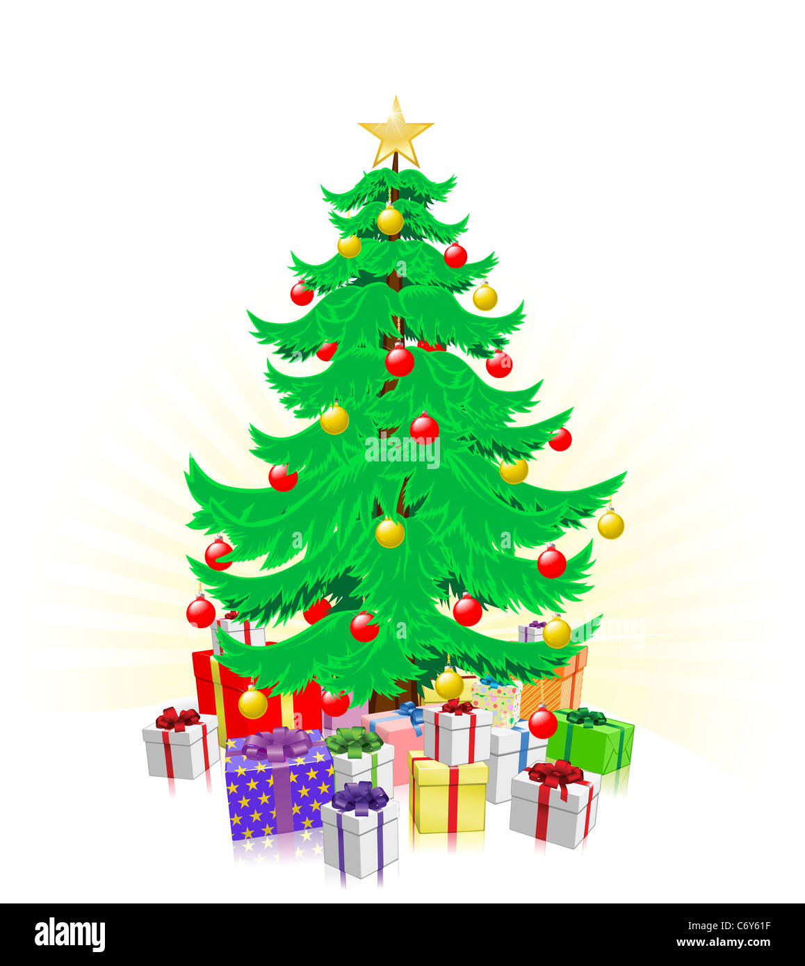 Albero di natale illustrazione con un sacco di regali avvolti Foto Stock