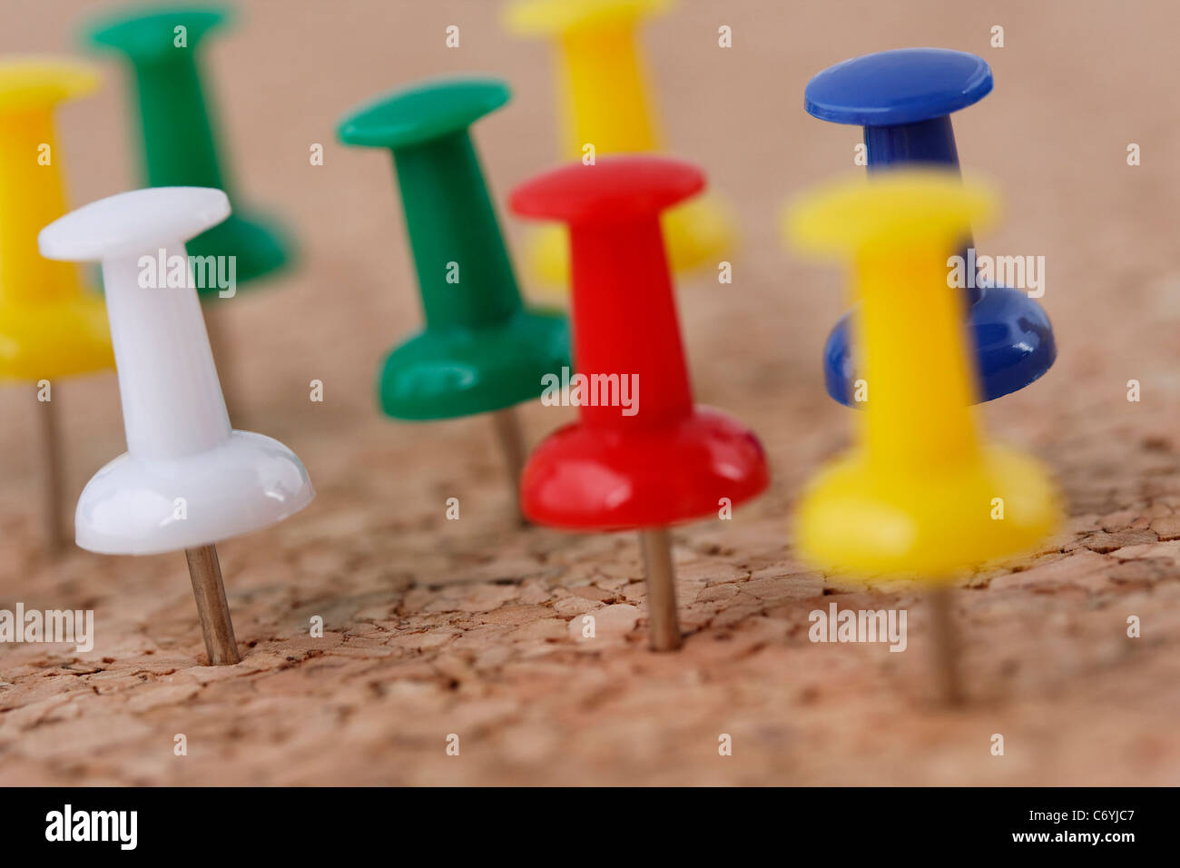 La disposizione delle puntine imperniata sulla bacheca di sughero Foto Stock