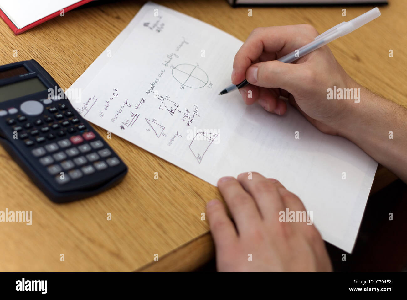Un giovane uomo che lavora fuori equazioni matematiche su carta. Foto Stock