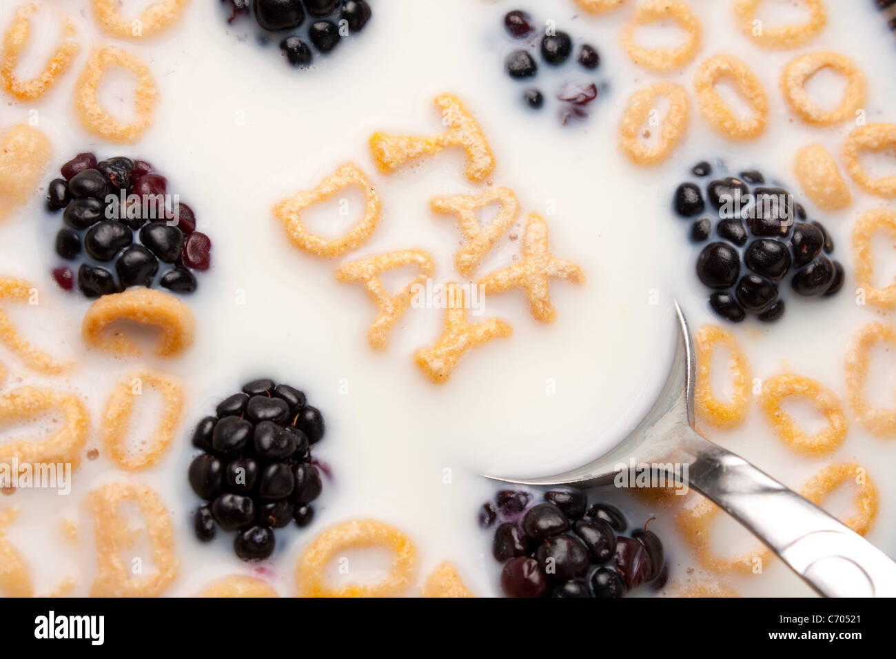 Le parole imposta giorno enunciato alla lettera a forma di pezzi di cereali galleggianti in un latte riempito ciotola di cereale. Foto Stock