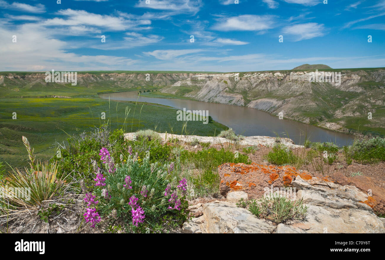 Fiume Missouri dalla parte superiore del foro nel muro di roccia formazione; alto fiume Missouri si rompe il monumento nazionale, Montana. Foto Stock
