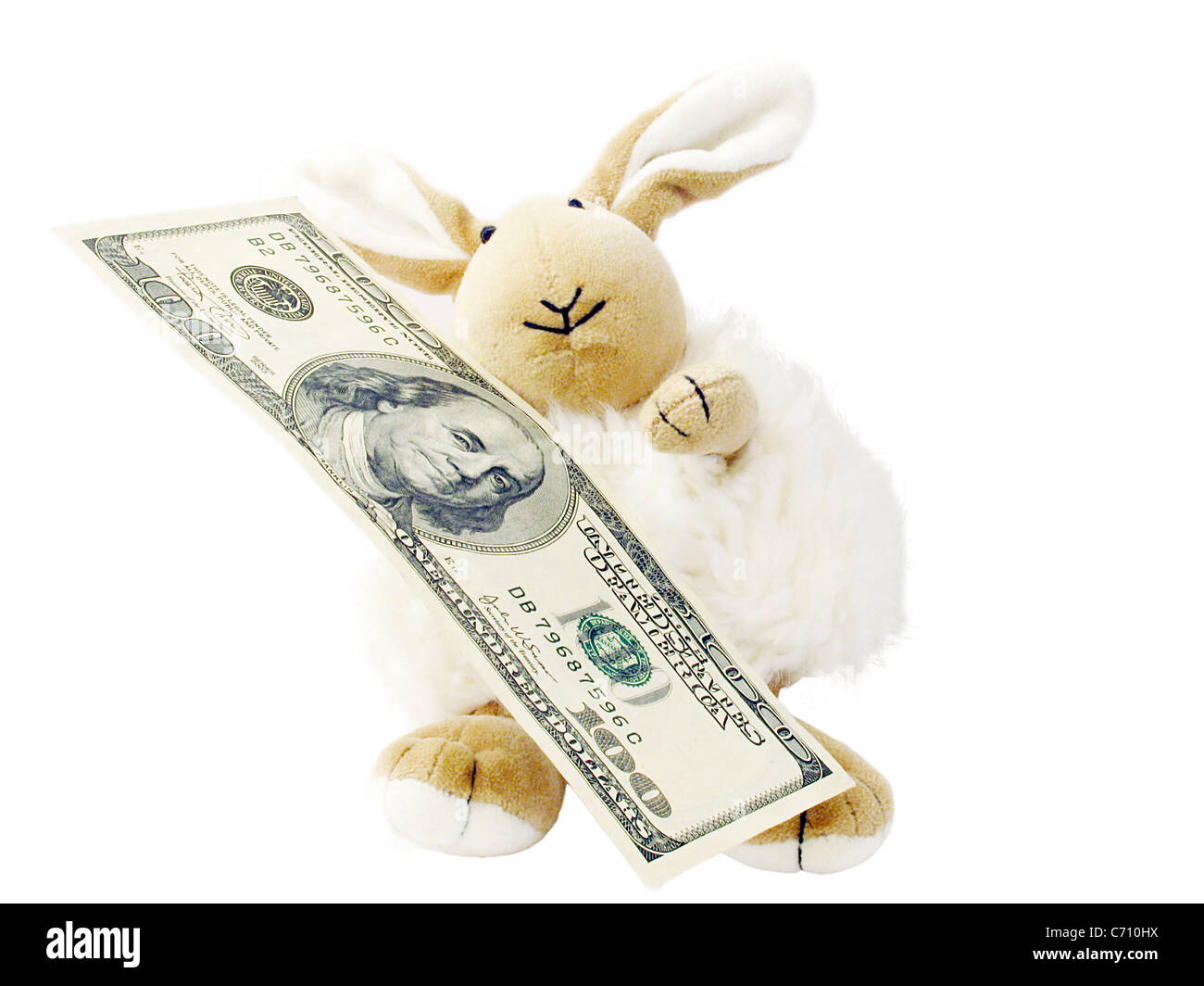 Lepre giocattolo con un centinaio di dollari banconota su bianco Foto Stock