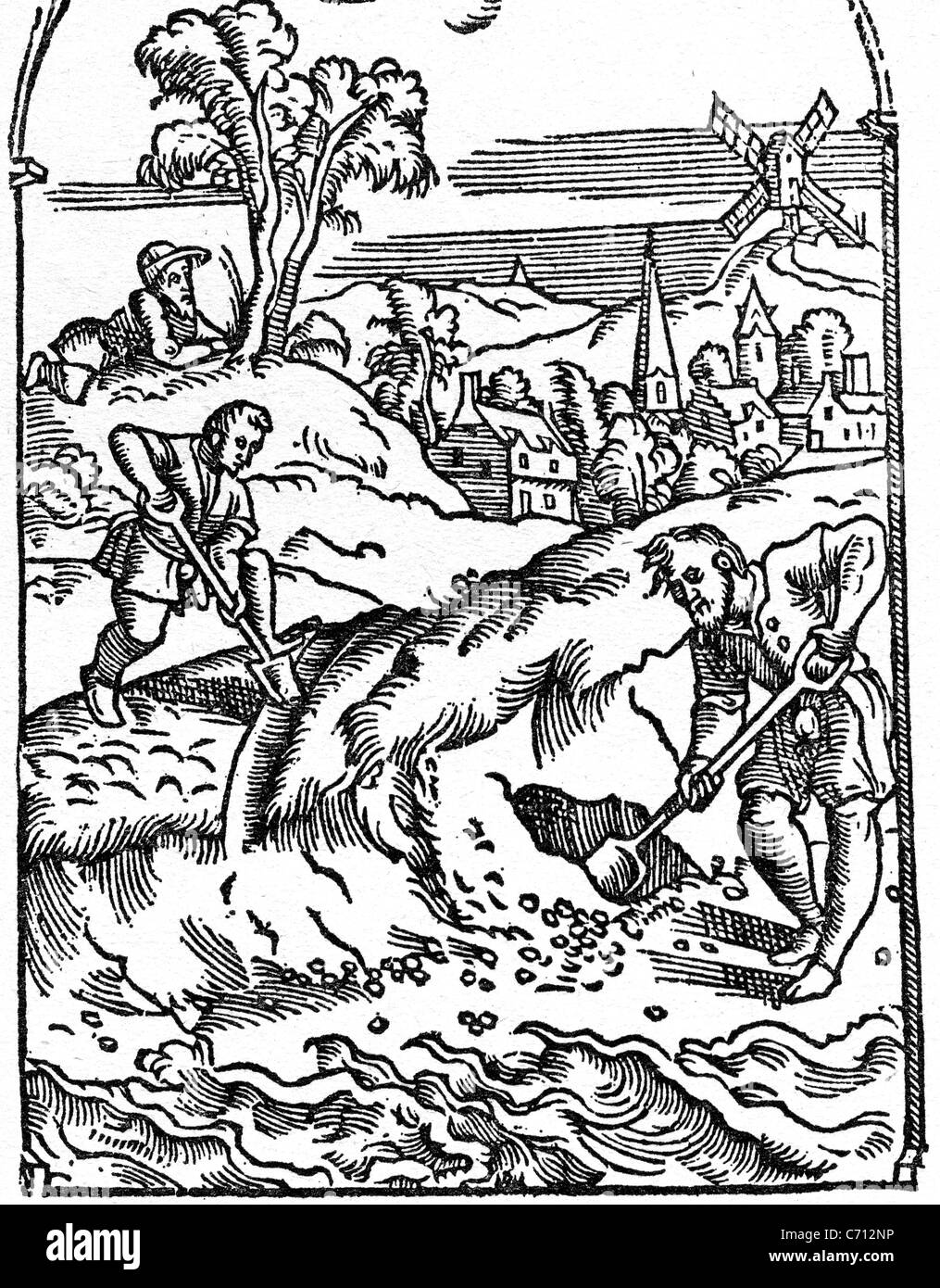 Distruggere dighe in segno di protesta contro la dominazione spagnola dei Paesi Bassi in una xilografia circa 1600.Nota l'uomo sotto agli alberi mantenendo lookout. Foto Stock